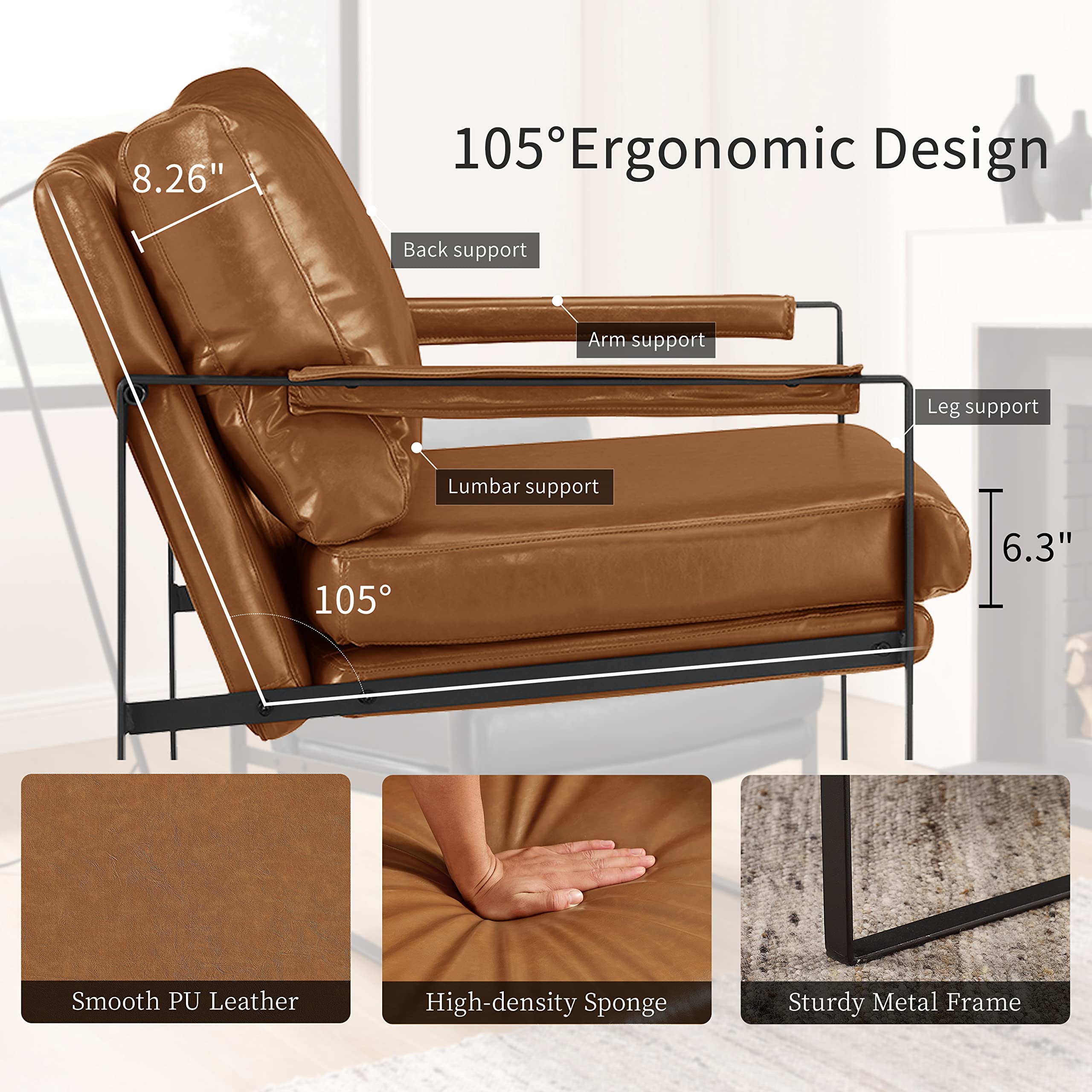 Art Leon Mid Century Modern Accent Chairs Set of 2 - Faux Leather Armchairs with Black Metal Legs for Living Room & Bedroom - Brown - Perfect for Lounge Areas, Reading Nooks & Home Offices