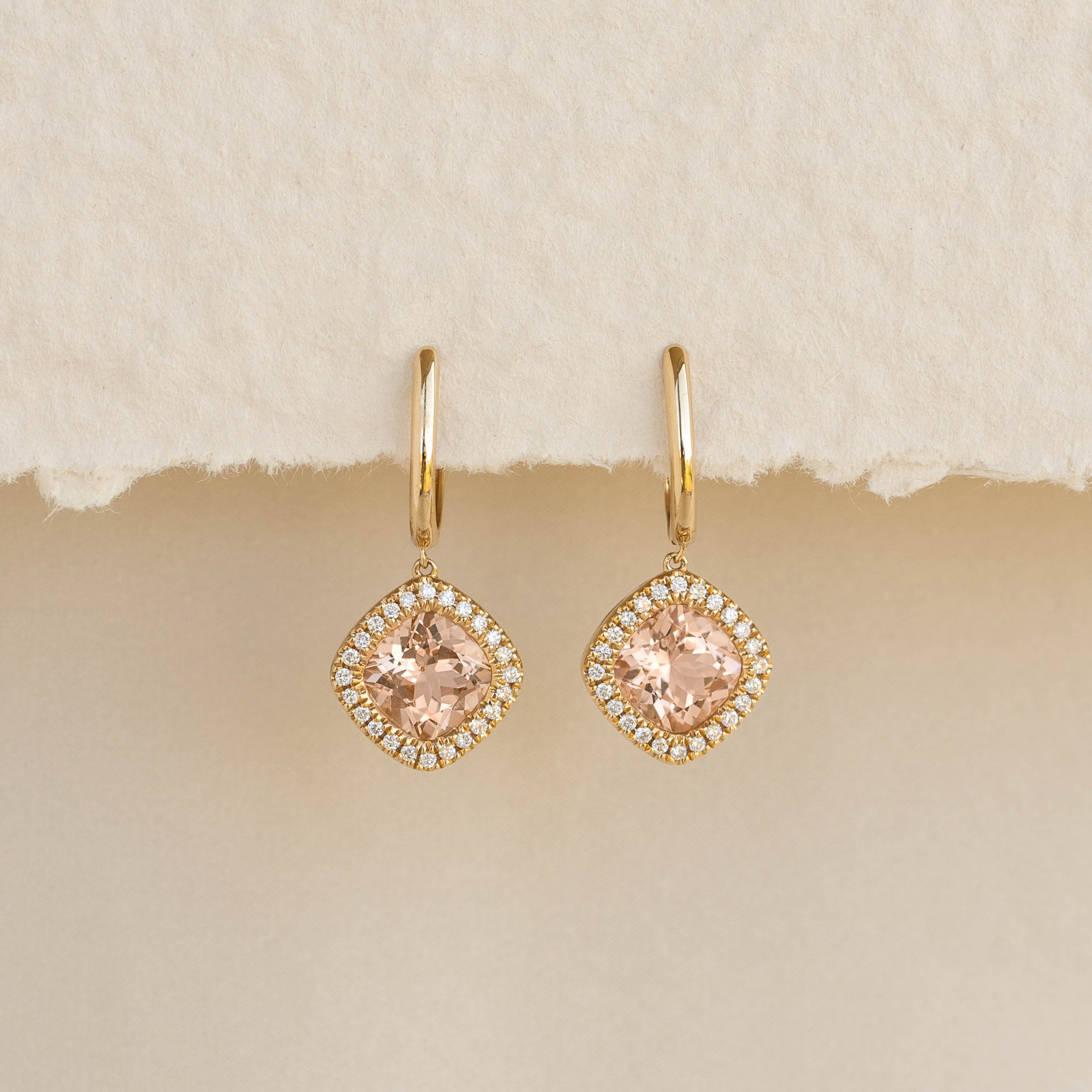 14K Gold Morganite and Diamond Halo Drop Earrings | Elegant Dangle Earrings for Women | Perfect for Weddings, Parties & Special Occasions