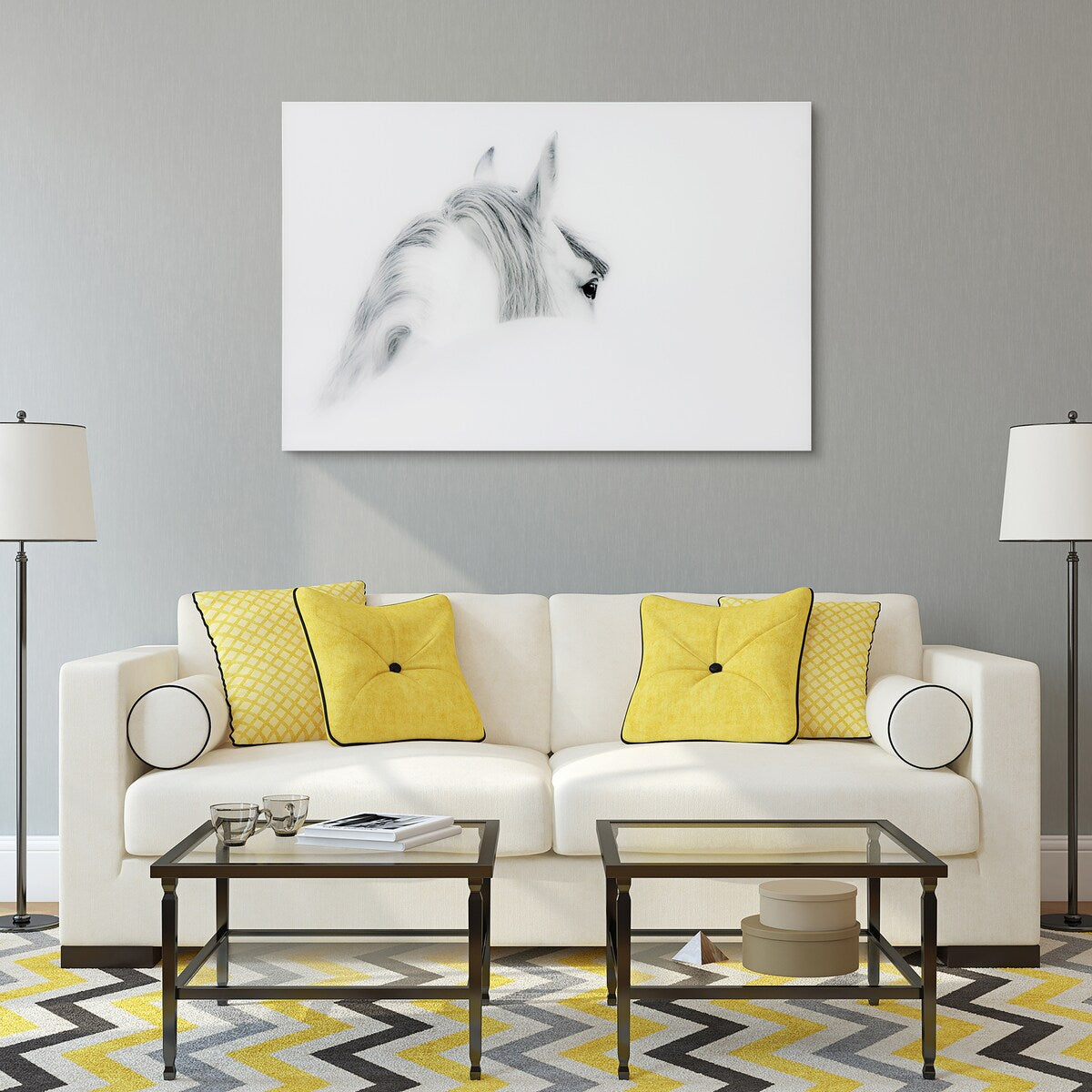 Blanco Mare Horse Frameless Floating Tempered Glass Wall Art - Modern Home & Office Decor for Living Room, Bedroom, or Office Spaces