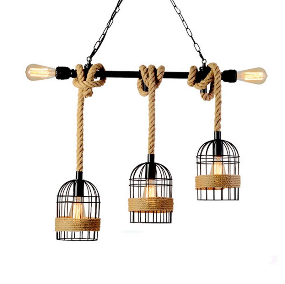 BVVV 3-Light Wrought Iron Birdcage Pendant Lamp - Industrial Retro Ceiling Light Fixture with Twine Chain, E27 Hanging Light for Dining Room, Living Room, Kitchen, Hallway, Bar, Cafe & Restaurant - Perfect for Vintage Decor and Ambient Lighting