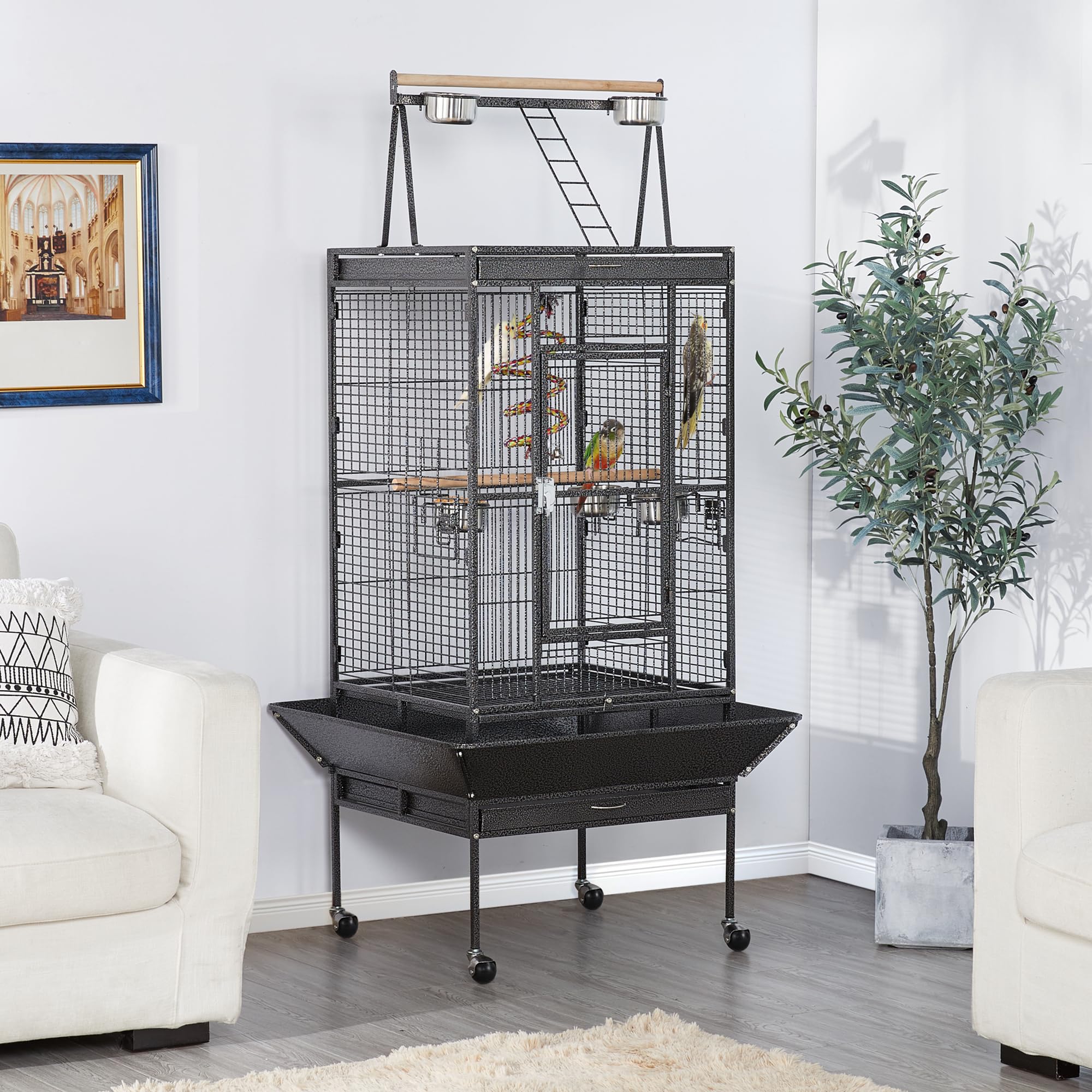 Yaheetech 69-inch Large Wrought Iron Rolling Parrot Cage for African Grey, Quaker, Amazon, Cockatiel, Sun Parakeet, Conure - Play Top Bird Cage with Stand for Home, Aviary, or Pet Store Use
