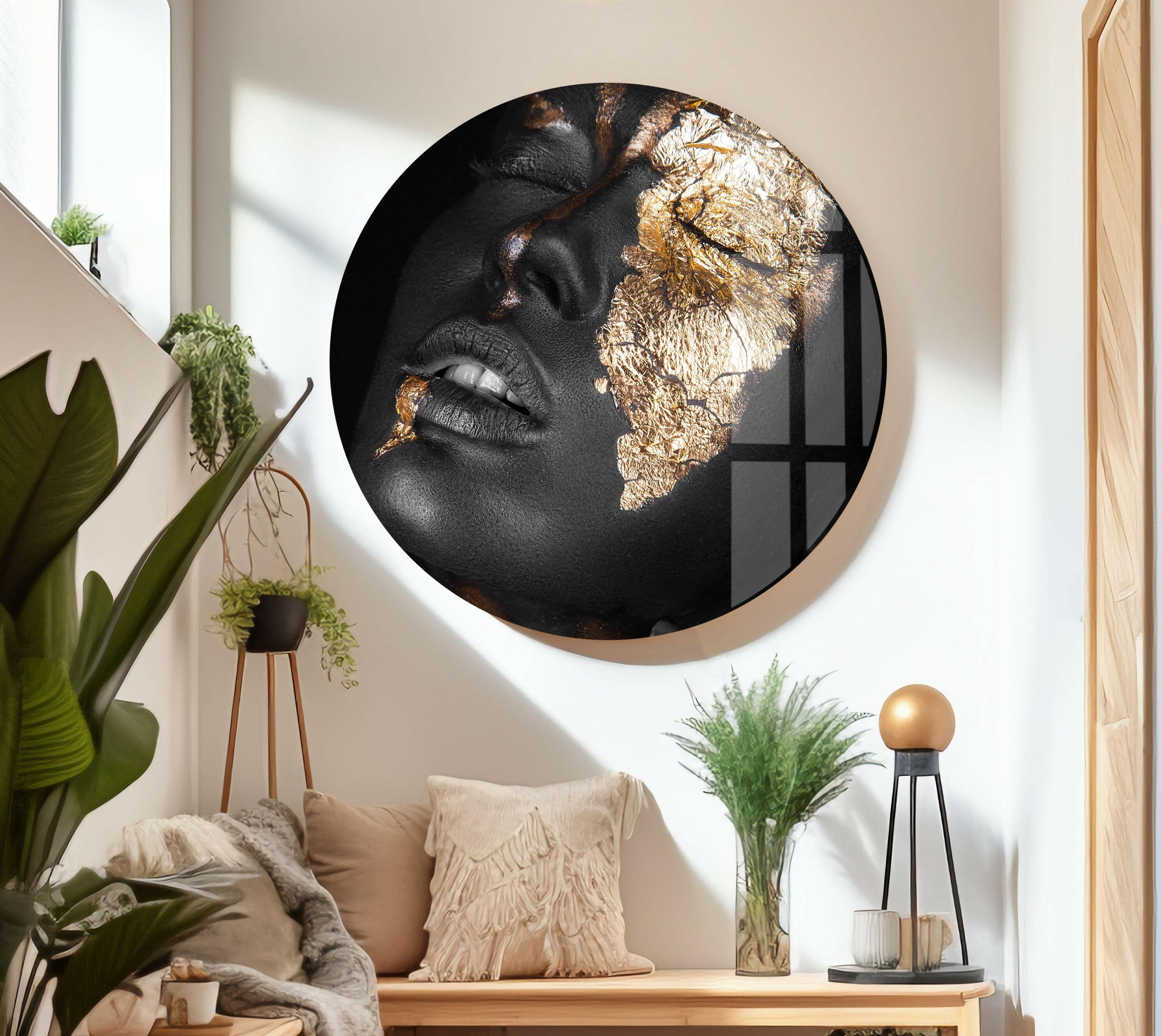 Elegant Black Woman Gold Glass Wall Art - Modern Home Decor for Living Room, Bedroom & Office