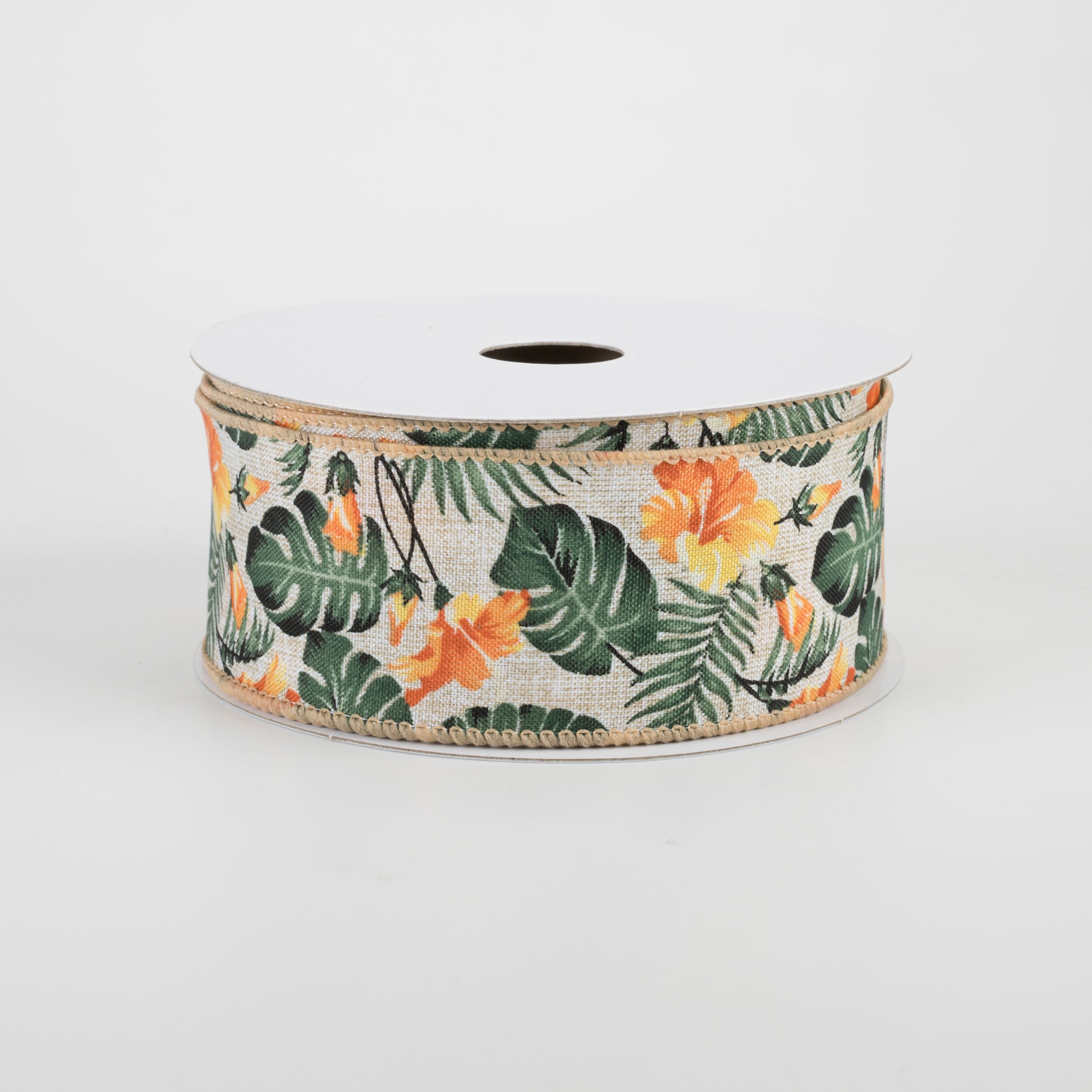 1.5 Inch Hibiscus Monstera Leaves Ribbon - Natural & Orange Floral Ribbon for Gift Wrapping, DIY Crafts, Scrapbooking, Wedding Decor (10 Yards)