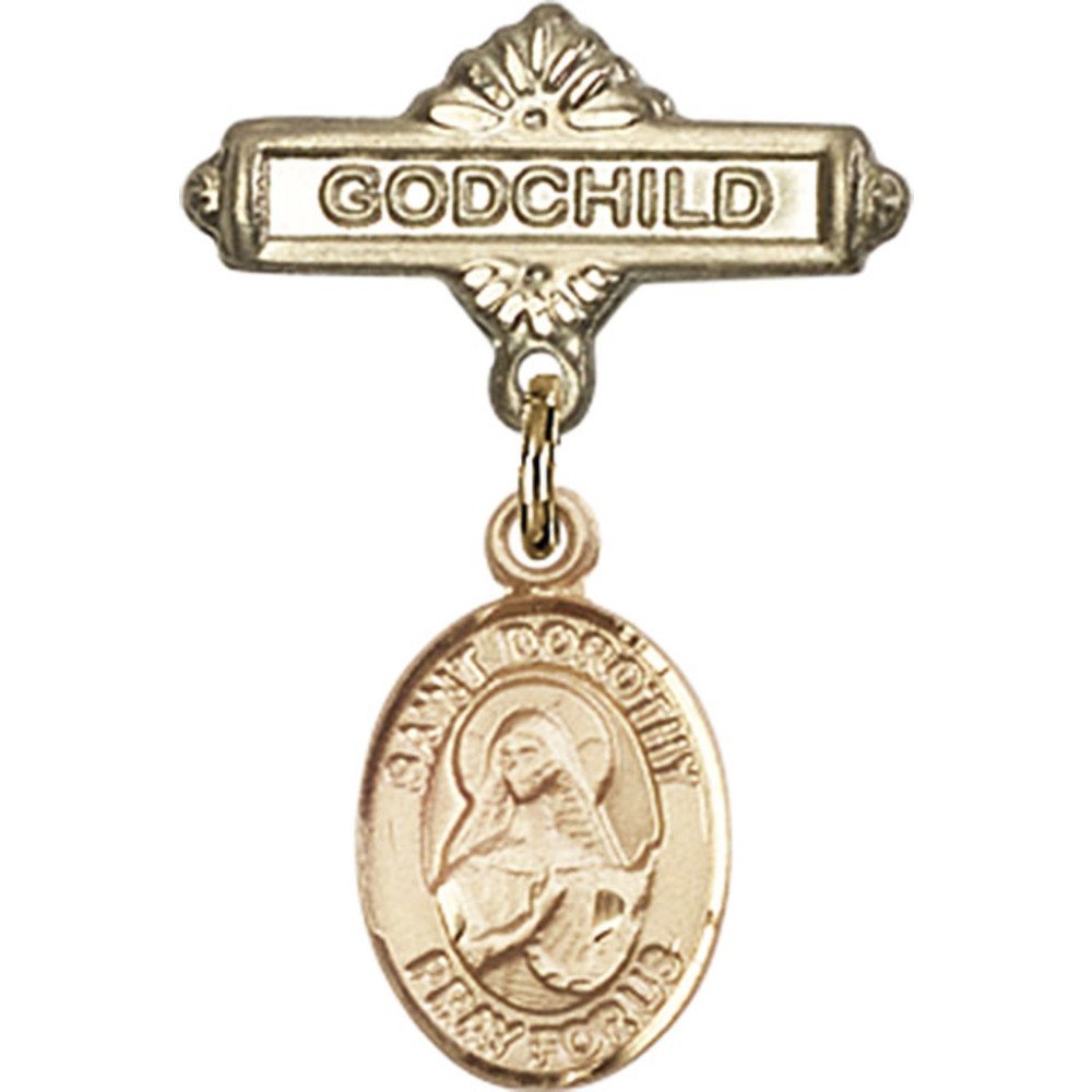 Gold Filled Baby Badge with St. Dorothy Charm & Godchild Pin - 1 x 5/8 Inch - Perfect for Christenings, Baptisms & First Communion Gifts