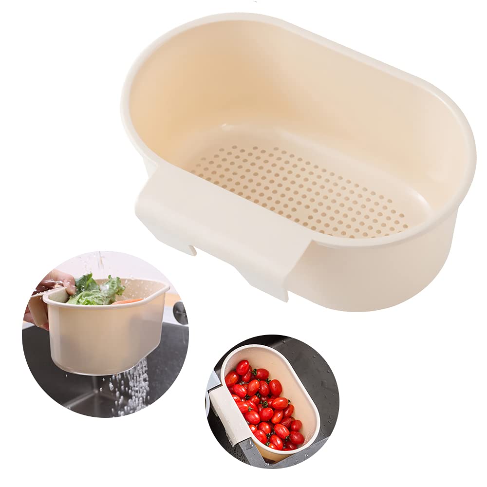 Stainless Steel Kitchen Sink Drain Strainer - Triangle Corner Compost Food Catcher Basket with Hanging Hook for Fruits, Vegetables & Waste Filter - Perfect for Small Kitchen Sinks, RV & Apartment Use (Beige)
