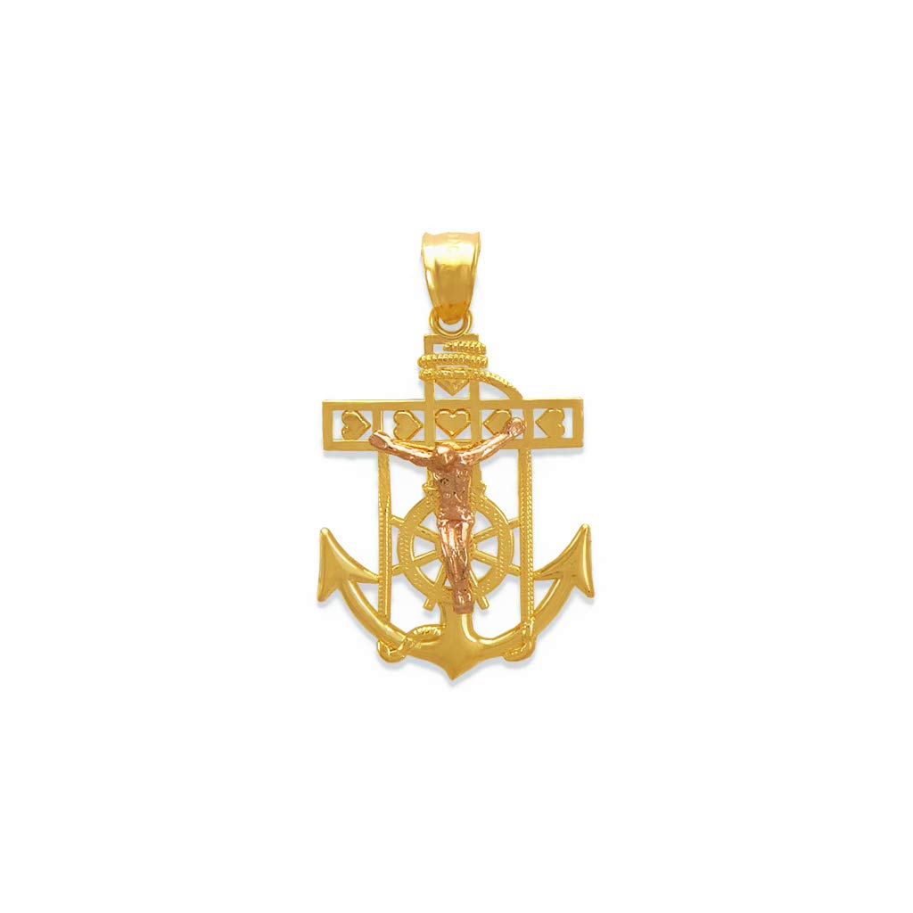 14K Two Tone Gold Jesus Anchor Pendant - Luxury Catholic Christian Religious Jewelry, Mariner's Cross with Heart Design - Perfect Gift for Women & Men (23mm) - Ideal for Baptism, Confirmation, Weddings & Daily Faith Wear