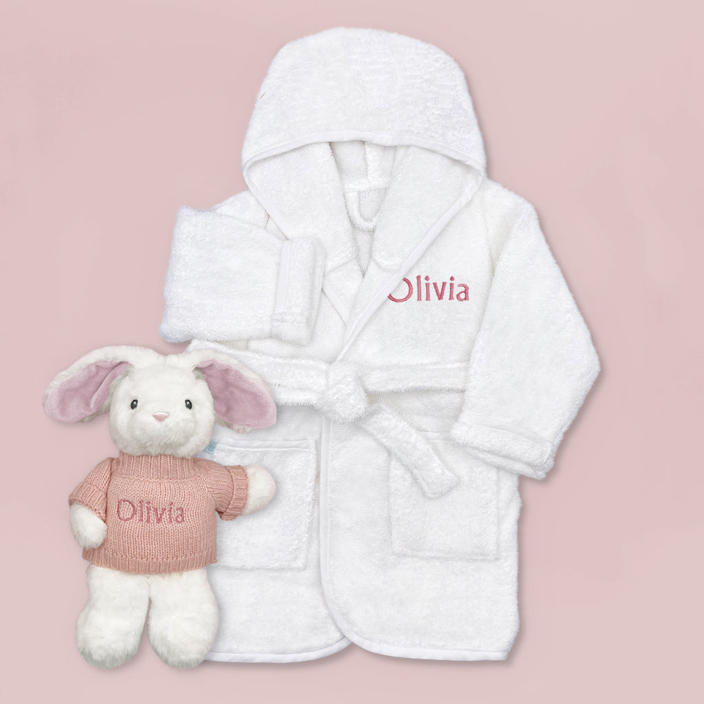 Personalized Pink Little Bunny Bathrobe and Hamper Set for Babies 0-12 Months - Perfect for Newborn Gifts, Baby Showers & Nursery Decor