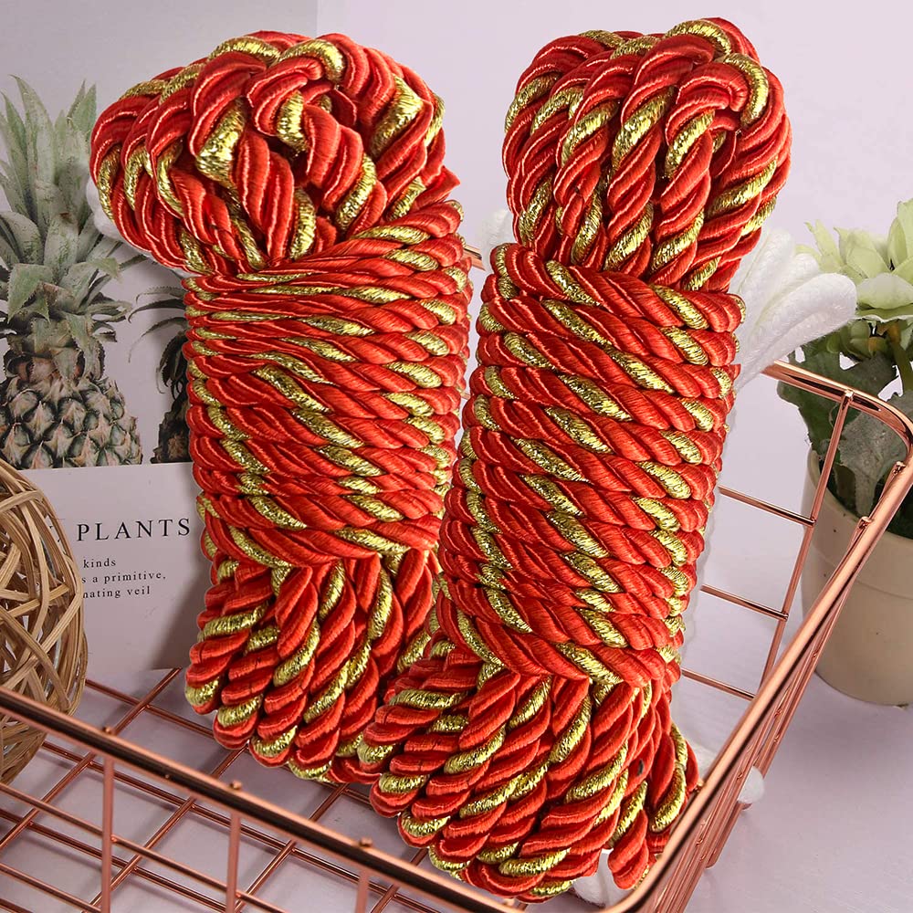 Premium Nylon Silk Rope - 2 Pack Braided Decorative Rope with Satin Shine | 10m Length & 7mm Diameter Soft Twisted Rope (Red with Gold Accent) - Perfect for DIY Crafts, Gift Wrapping, Home Decor & Wedding Decorations