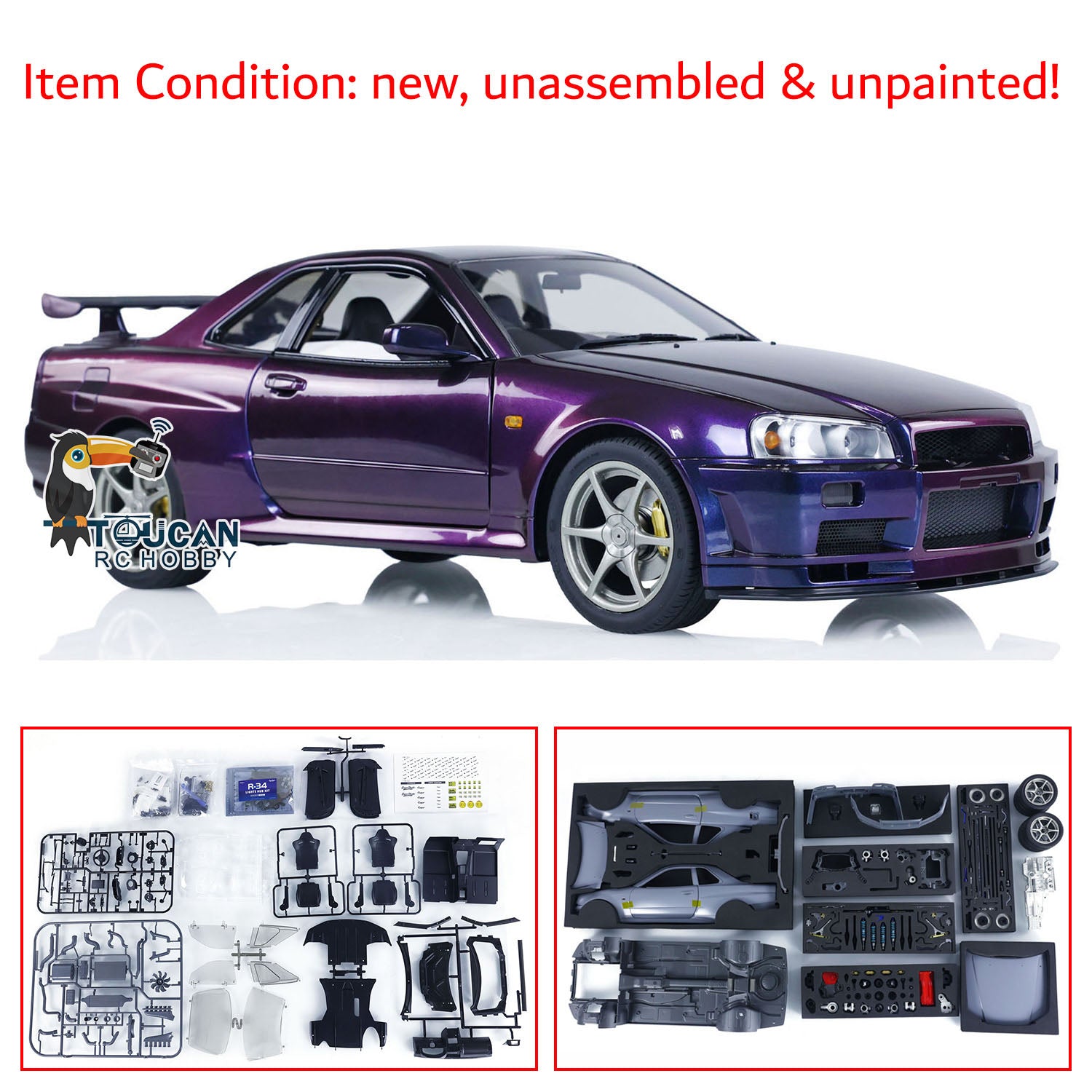 1/8 Scale Unassembled Metallic R34 RC Racing Car Kit - DIY Remote Control Drift Vehicle Parts for Hobbyists & Collectors | Perfect for Drift Racing, RC Car Shows & Model Building Projects