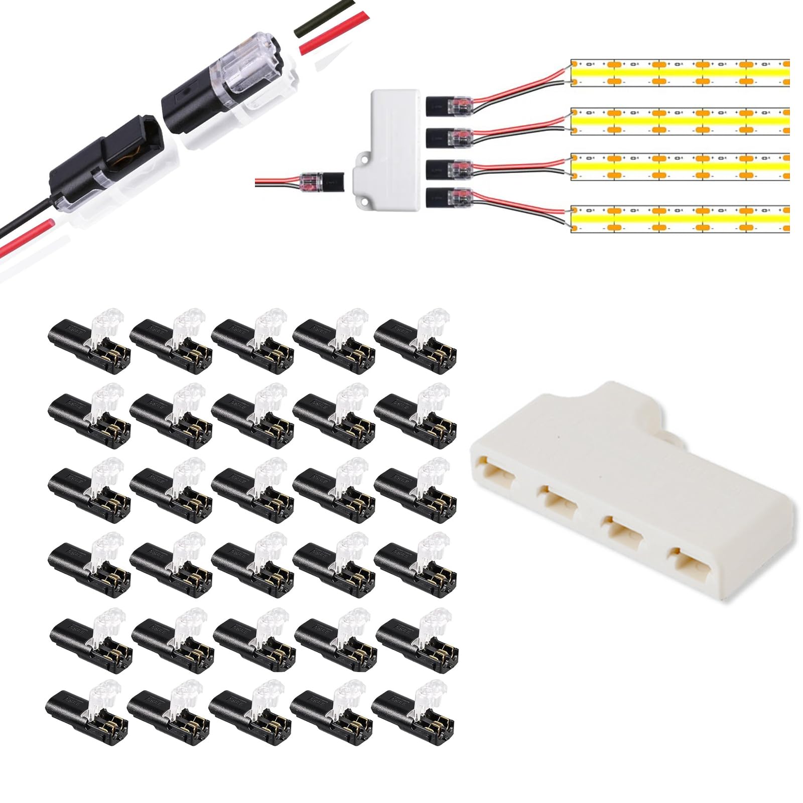 30 Pack Double-Wire Plug-in Connectors with Locking Buckle - 2/3/4 Pin 2 Way Low Voltage LED Wire Connectors (30PCS + 4 Way Wire Connectors) - Black - Perfect for LED Strip Lights, Landscape Lighting & DIY Electrical Projects