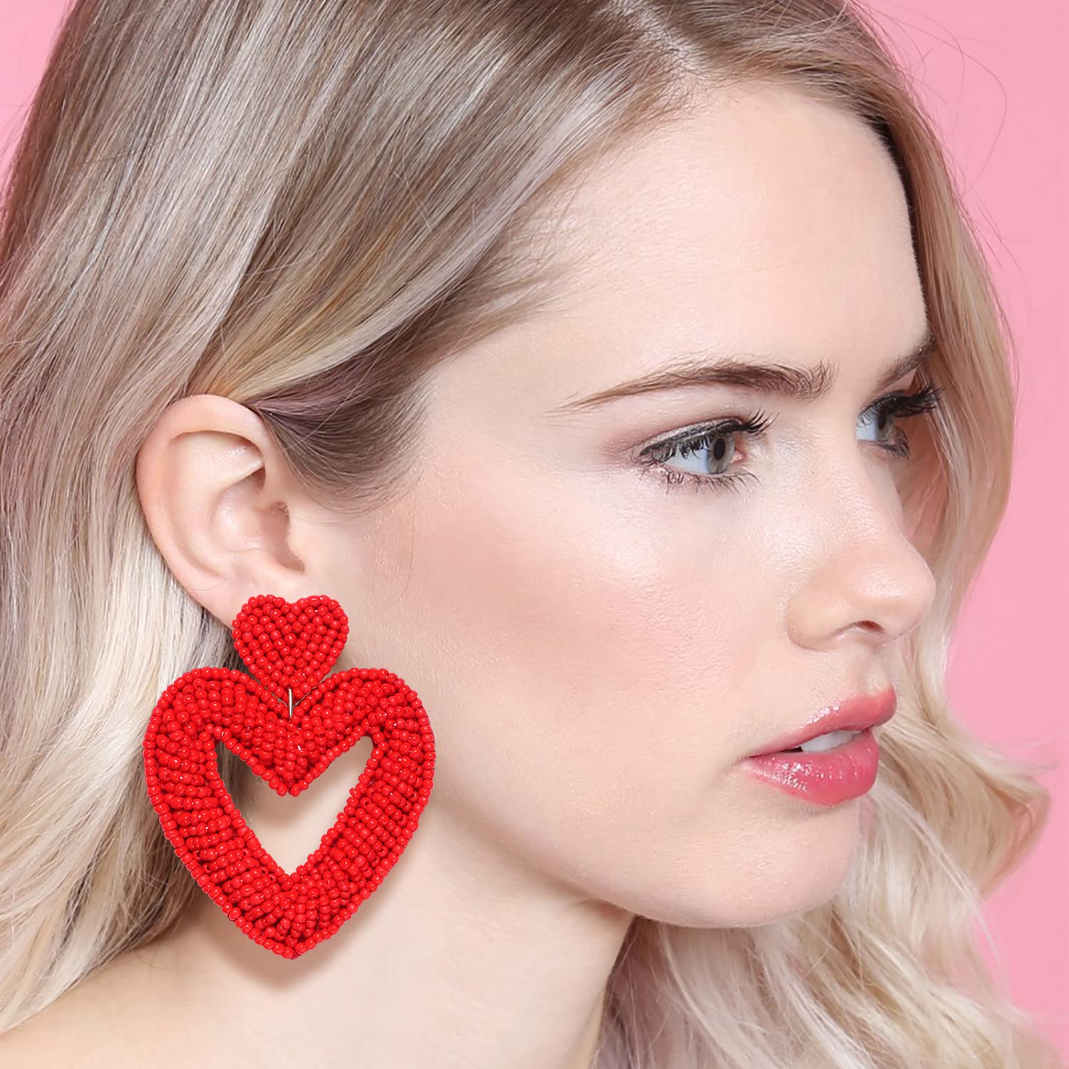 Boho Beaded Heart Dangle Earrings for Women - Valentine's Day Gifts, Bohemian Statement Drop Earrings with Studs | Perfect for Date Nights, Weddings & Special Occasions