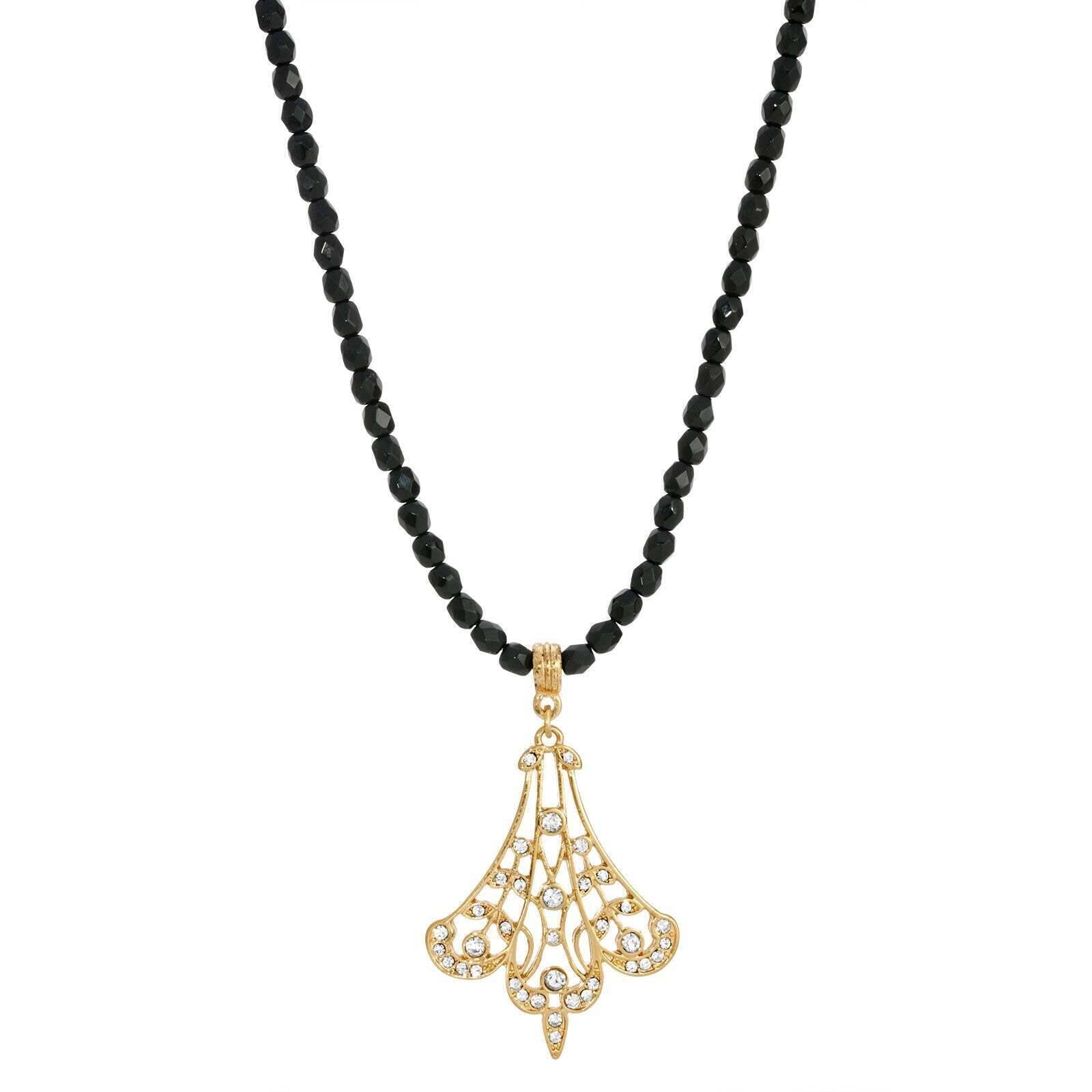 1928 Vintage Gold Filigree Fan Necklace with Black Glass Beads & Crystal Pendant - 15