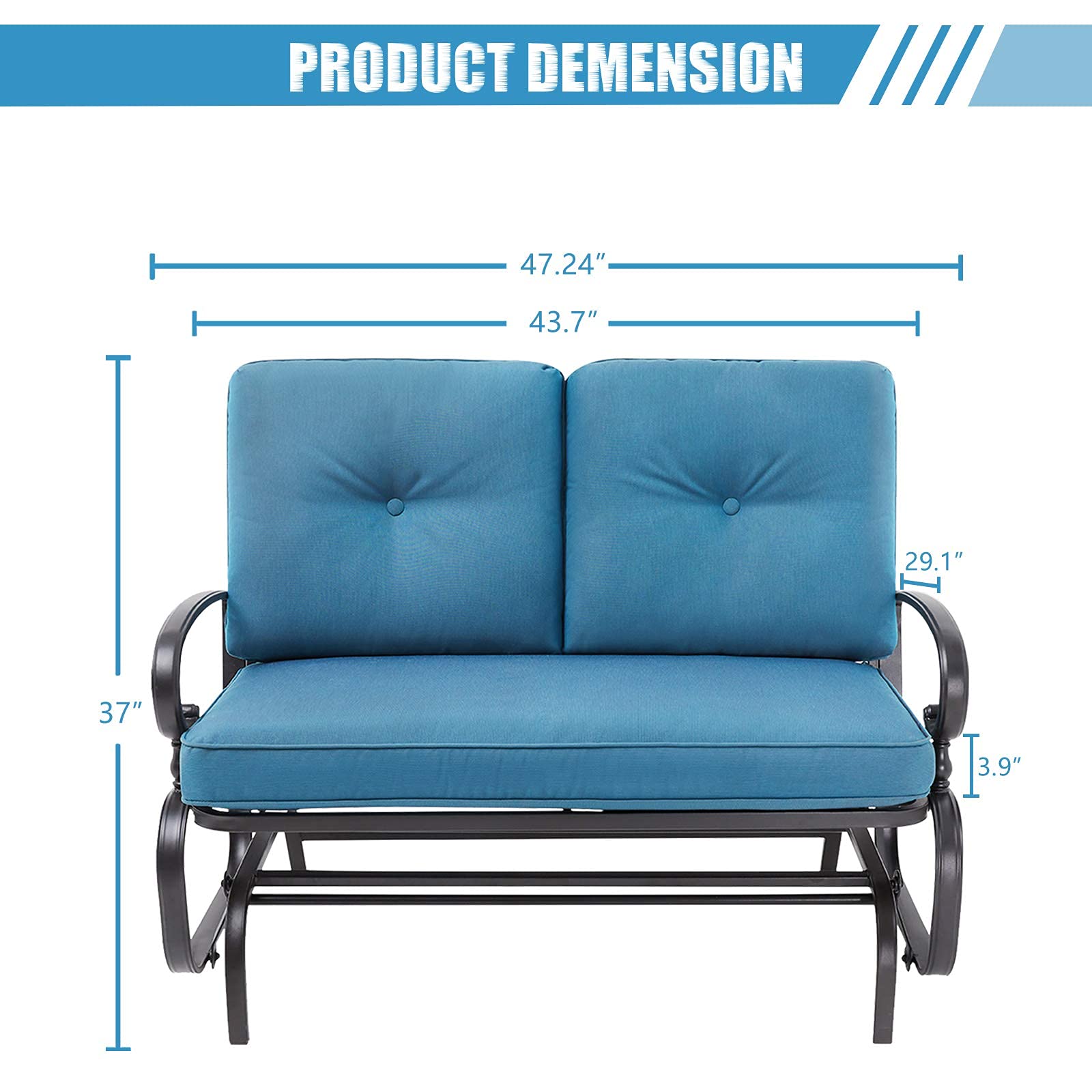 Outdoor Patio Bench Glider Swing - Steel Frame Rocking Loveseat with Thick Cushions (Peacock Blue) - Perfect for Porch, Garden & Backyard Relaxation