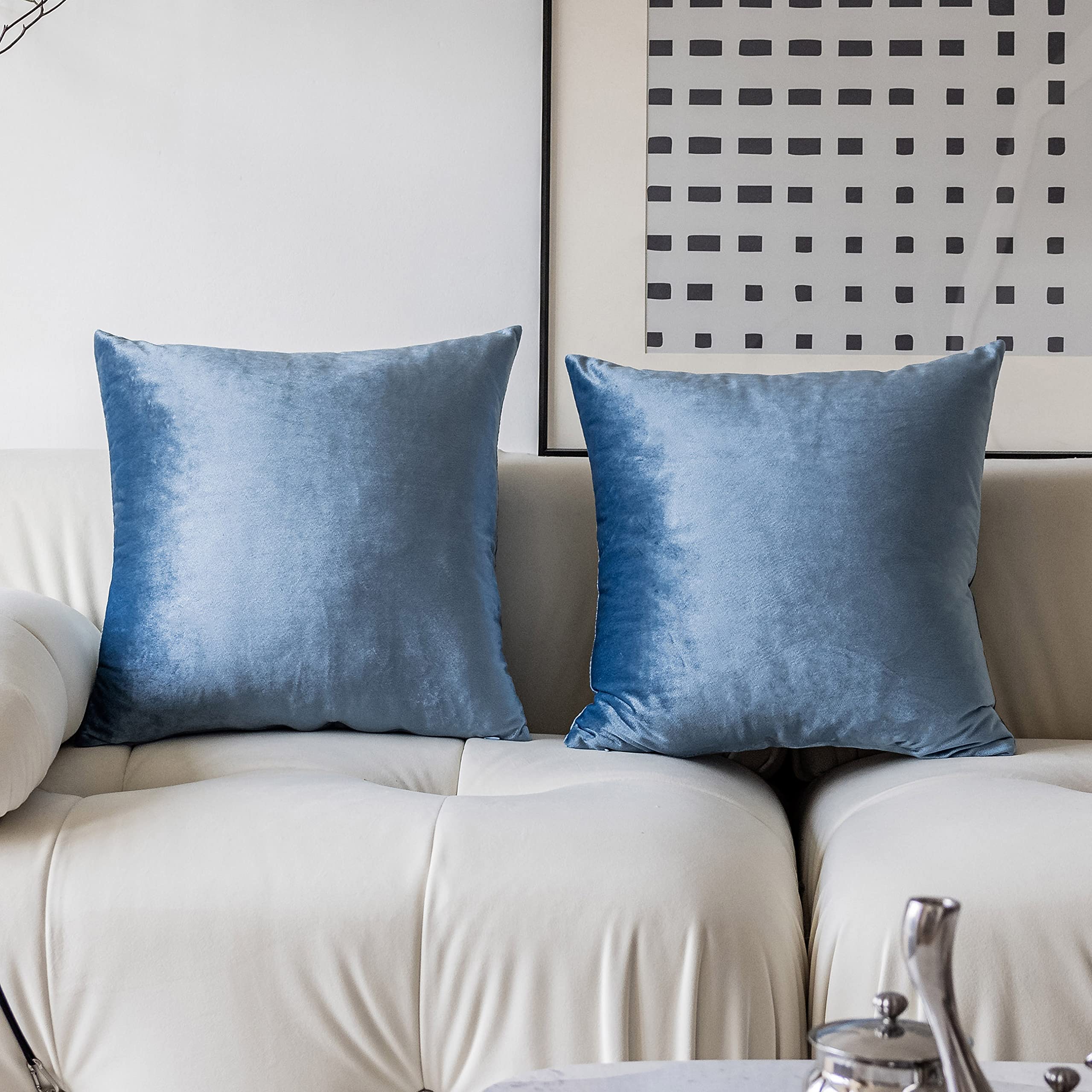 Demetex 18x18 Inch Plush Velvet Throw Pillow Covers - Super Soft Dusty Blue Square Decorative Pillows for Nursery, Kids Room & Living Room Decor - Perfect for Sofa, Bed & Home Accents