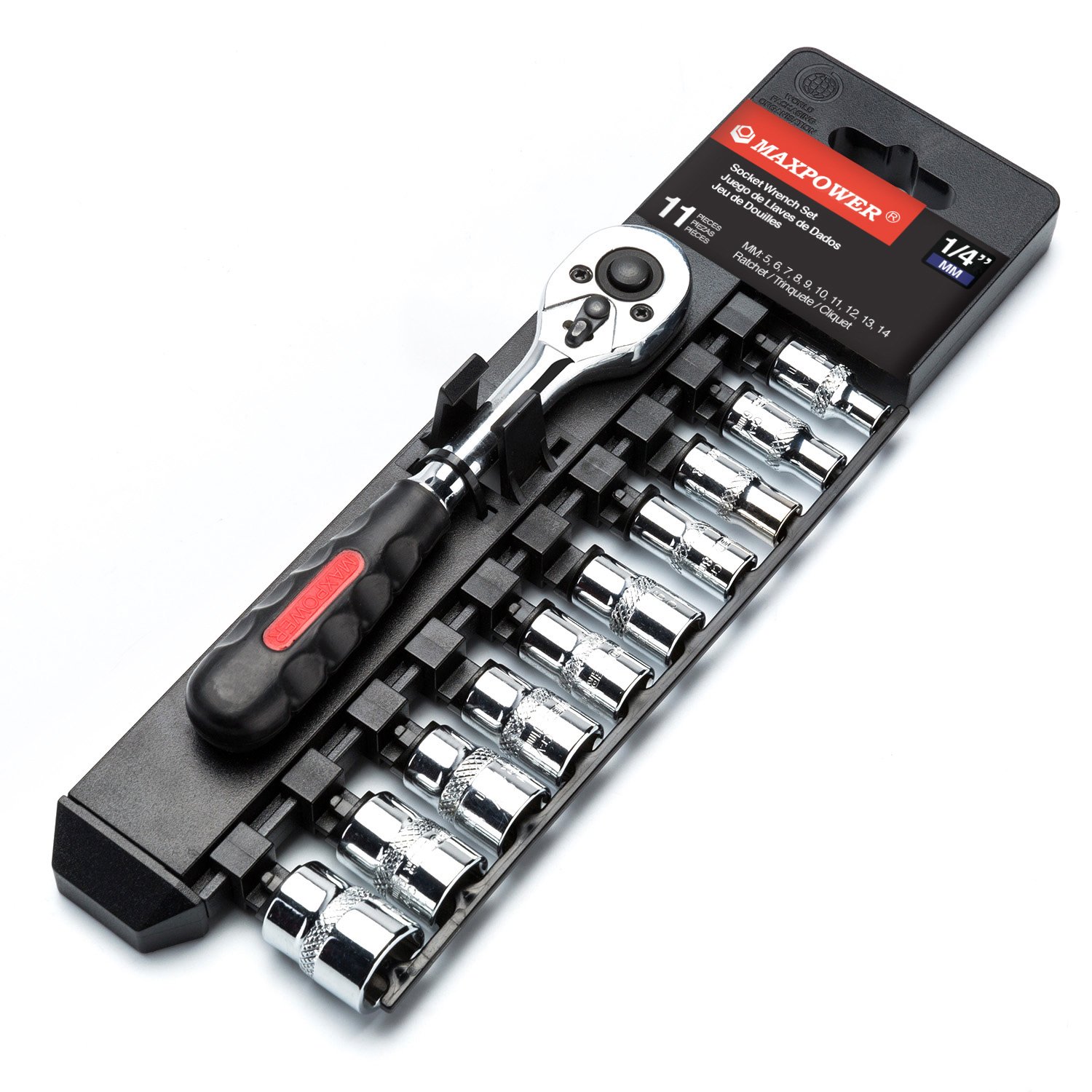 MAXPOWER 11-Piece 1/4-inch Ratcheting Socket Wrench Metric Set (5mm-14mm) - Quick Release Reversible Ratchet Handle with Hanging Rack - Perfect for Automotive Repair, DIY Projects & Home Maintenance