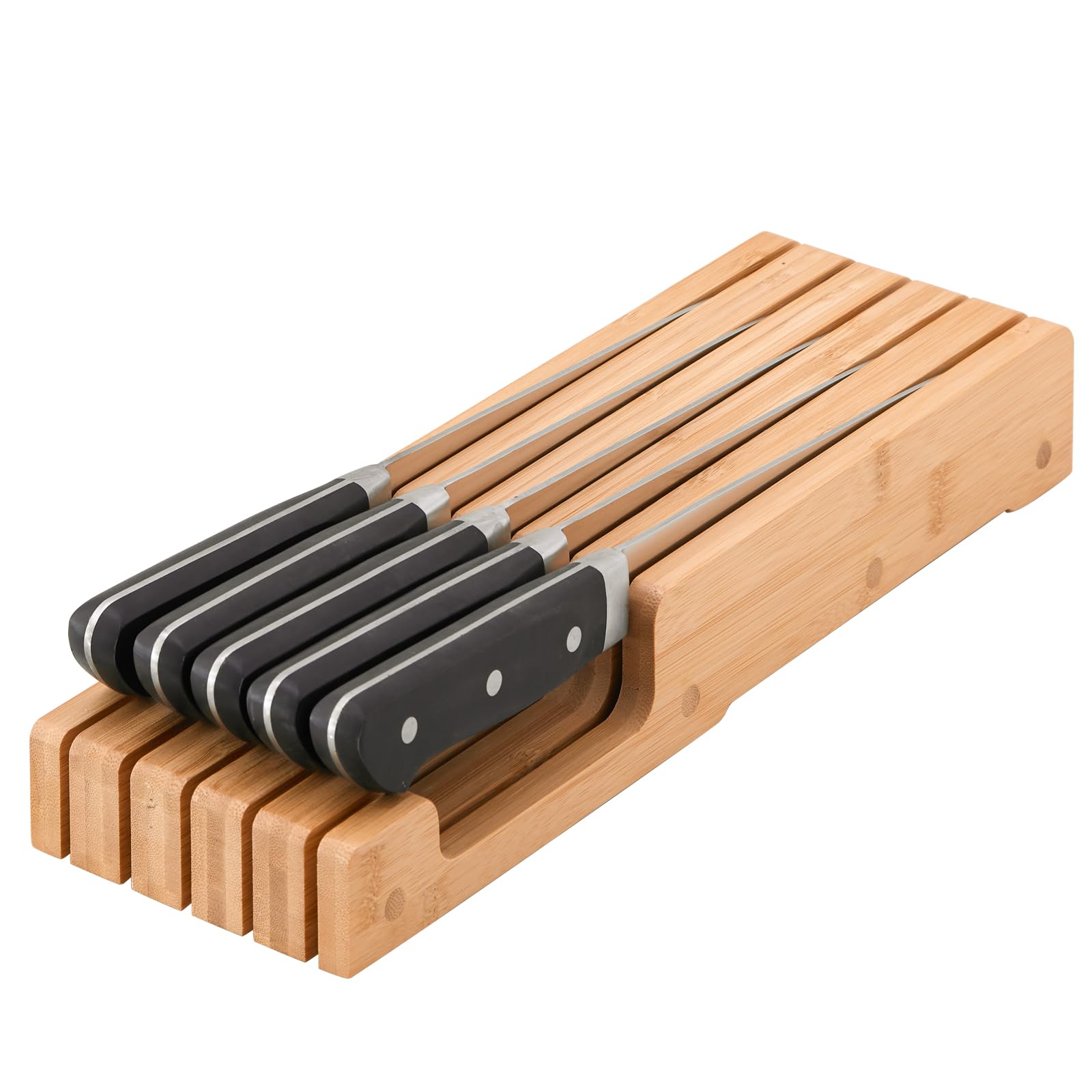 Premium Bamboo Knife Block & In-Drawer Storage Organizer - 6-Slot Knife Display Stand & Kitchen Utensil Holder (Knives Not Included) - Perfect for Home Chefs & Kitchen Organization