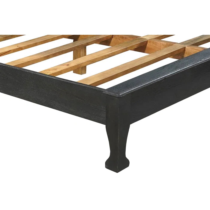 Hand Carved Solid Wood Low Profile Standard Bed Frame - Black | Modern Minimalist Bedroom Furniture for Small Spaces & Cozy Home Decor