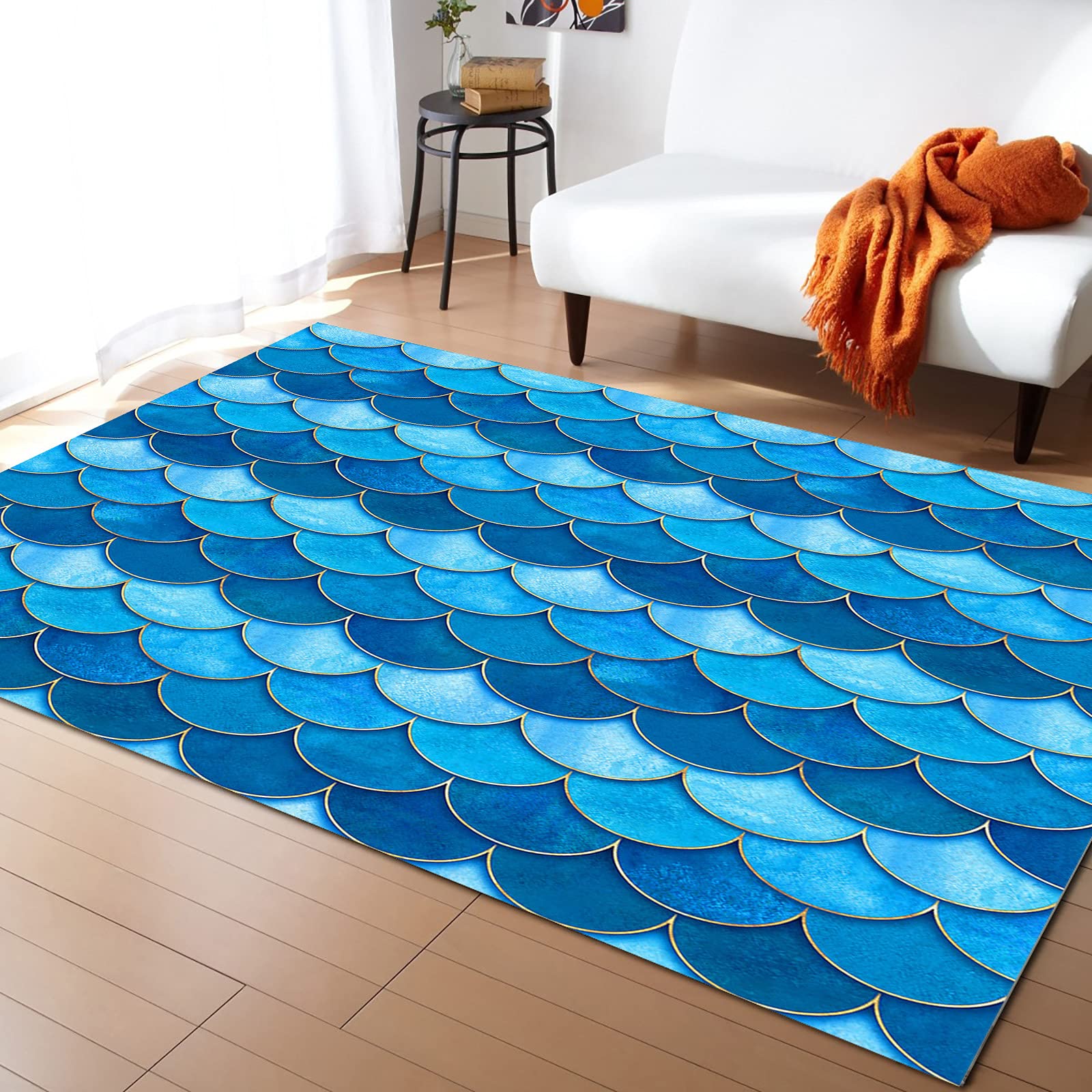 Edwiinsa 5'x8' Large Rectangle Area Rug - Ombre Blue Fish Scales Design, Washable Non-Slip Floor Mat for Living Room, Bedroom, Nursery | Watercolor Texture Luxury Home Decor | Perfect for Cozy Spaces, Modern Interiors & Kids' Rooms