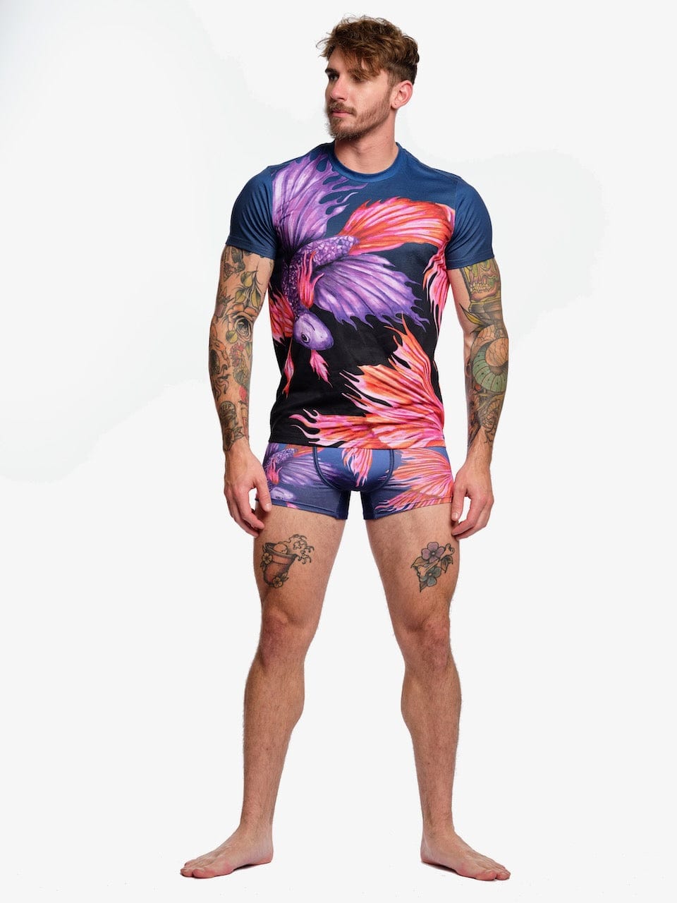 Fighting Fish Graphic T-Shirt for Men - Navy Blue Casual Tee - Perfect for Streetwear, Gym & Everyday Outfits
