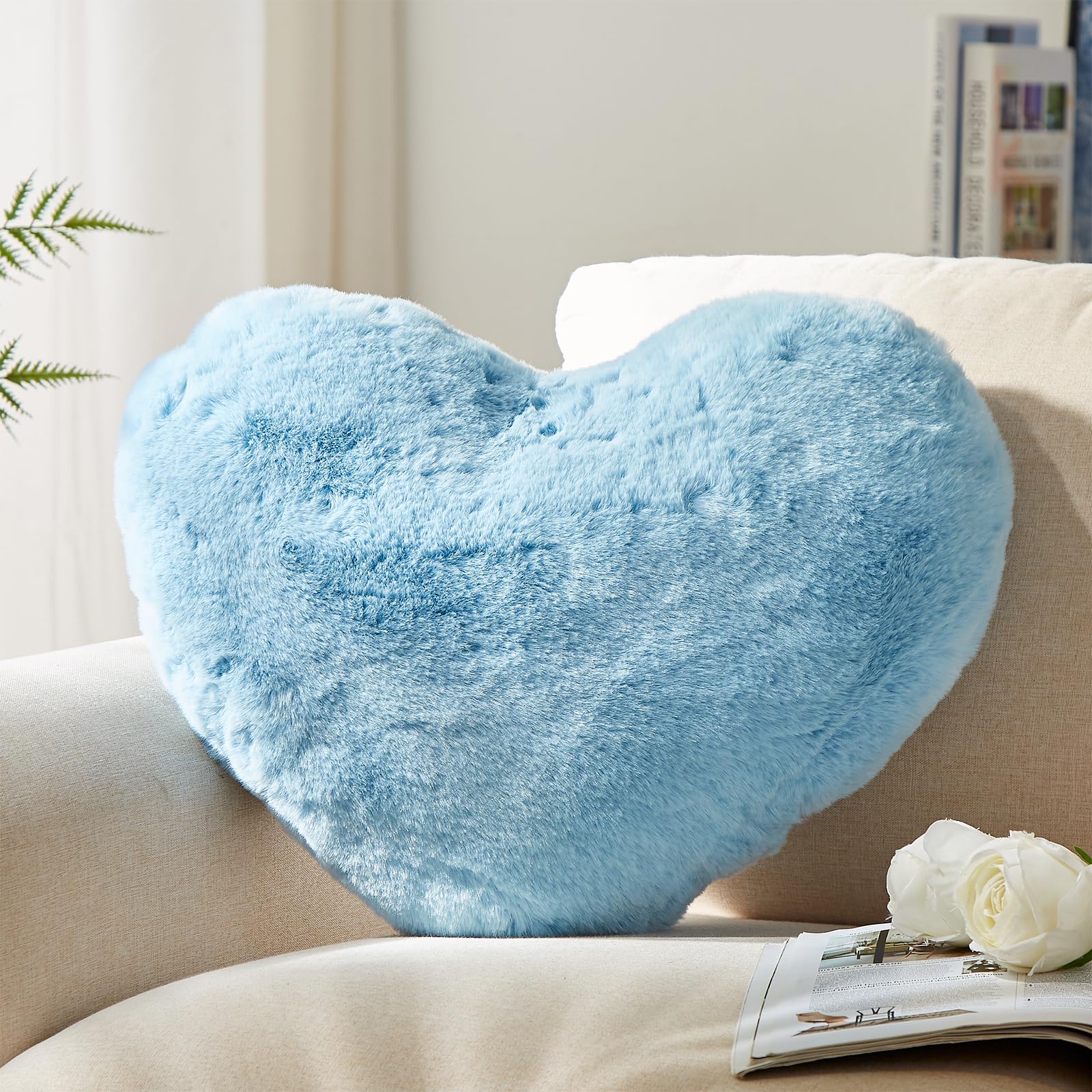 YRXRUS Blue Heart Shaped Pillow - 14x17 Inch Large Faux Rabbit Fur Throw Pillow for Bedroom, Living Room & Outdoor Decor - Romantic Gift for Valentine's Day, Anniversary & Couples (Perfect for Cuddling, Home Decor & Photo Props)