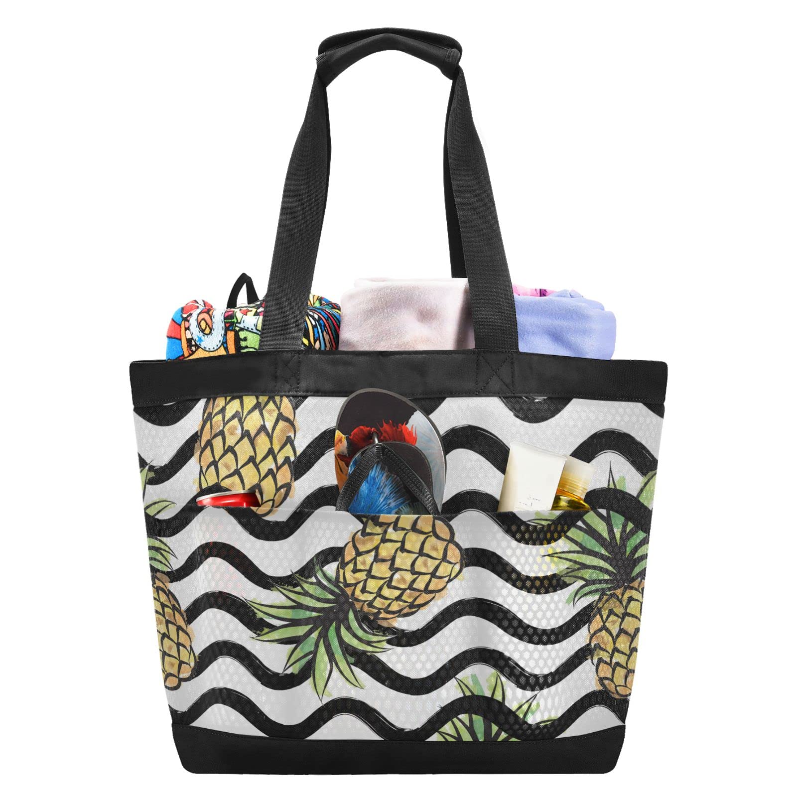 Pineapple Wave Waterproof Beach Tote Bag - Large Mesh Pool & Gym Yoga Bag for Women, Men - Durable Travel Essentials for Beach, Pool, Gym, Yoga, and Outdoor Adventures