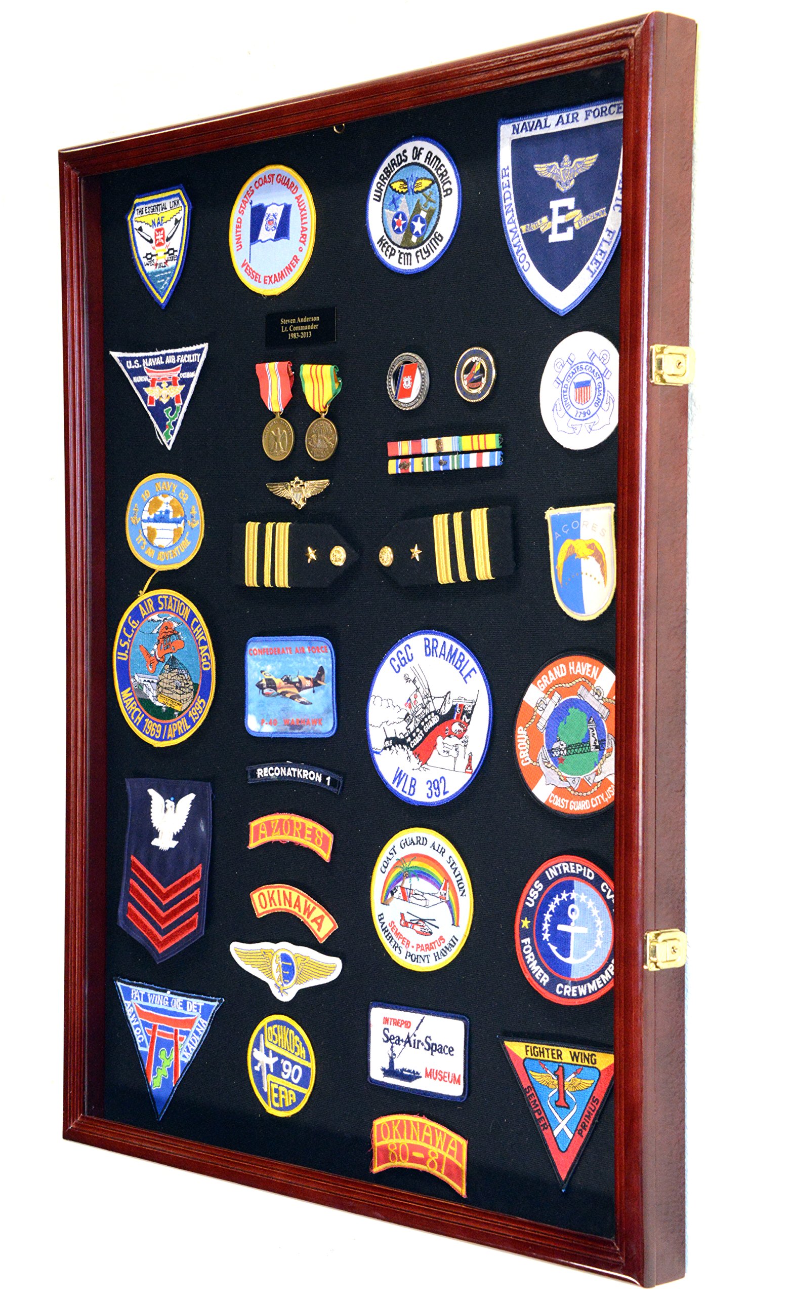 XL Military Display Case - Cherry Wood Shadow Box for Medals, Pins, Patches, Badges, Ribbons & Insignia - Perfect for Veterans, Collectors & Home Decor