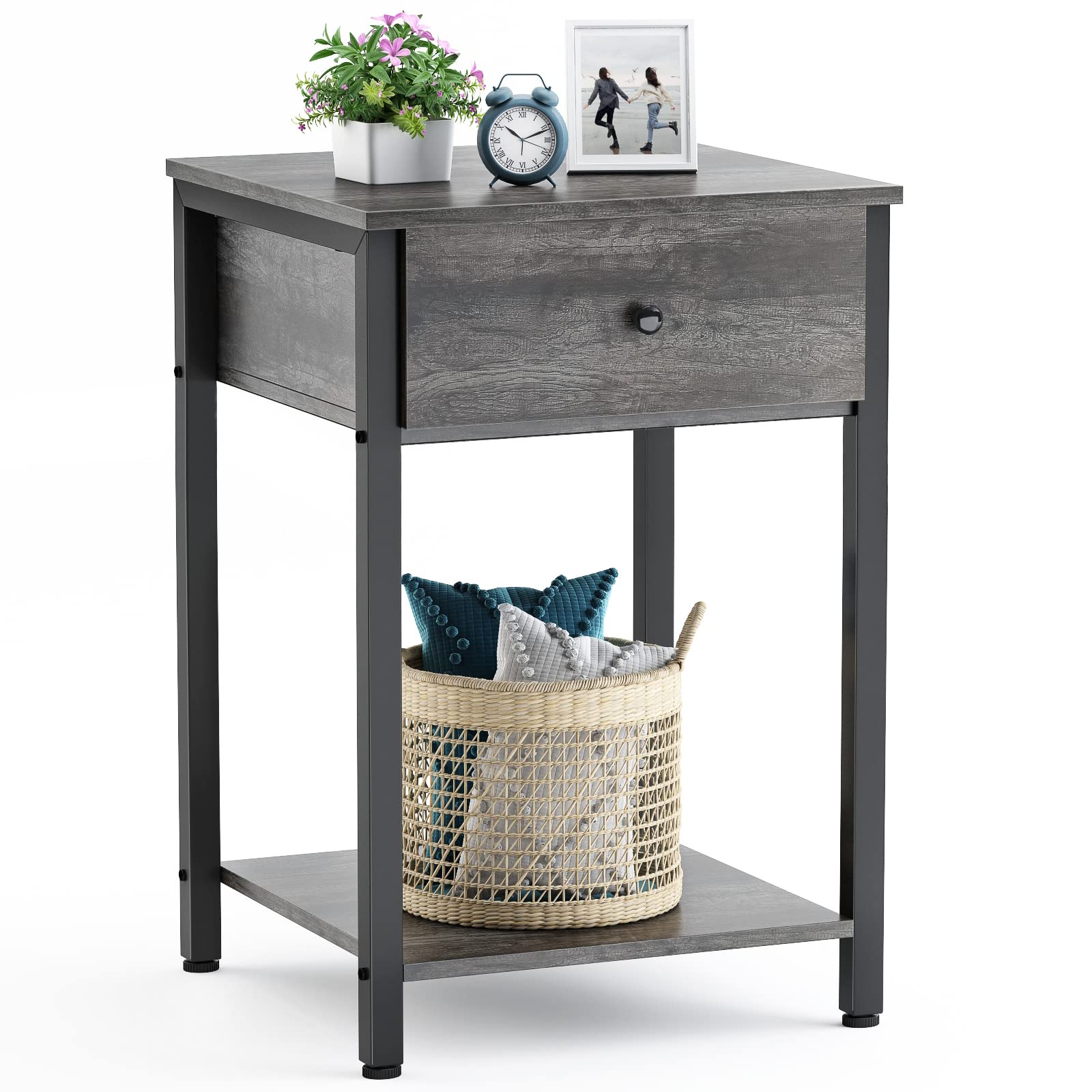 Modern Wood Nightstand with Drawer & Storage Shelf - Bedside End Table for Bedroom, Living Room, Sofa | Easy Assembly Grey Night Stand - Perfect for Small Spaces, Guest Rooms & Apartment Decor