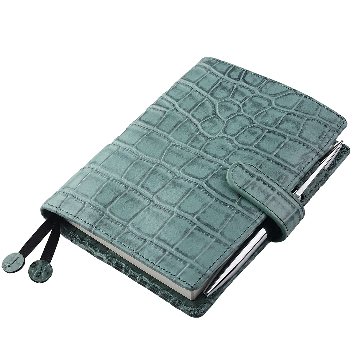 Premium Genuine Leather A6 Planner Cover with Pen Loop, Card Slots & Zipper Pockets - Personal Organizer for Moleskine, Filofax & Most A6 Notebooks (Crocodile Green) - Perfect for Work, School & Daily Planning