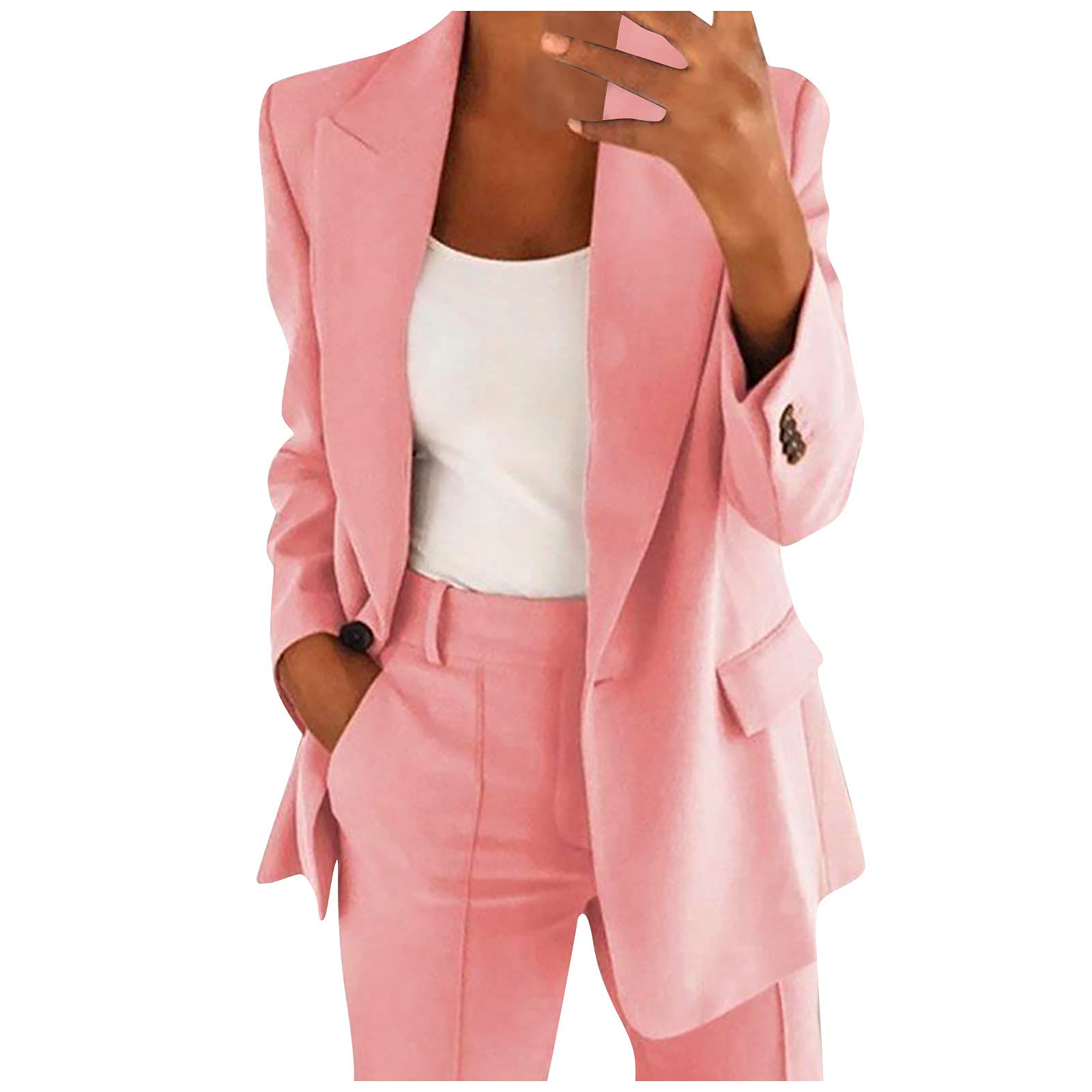 Women's Slim Long Blazer with Pockets - Formal Notch Lapel Jacket for Office & Events