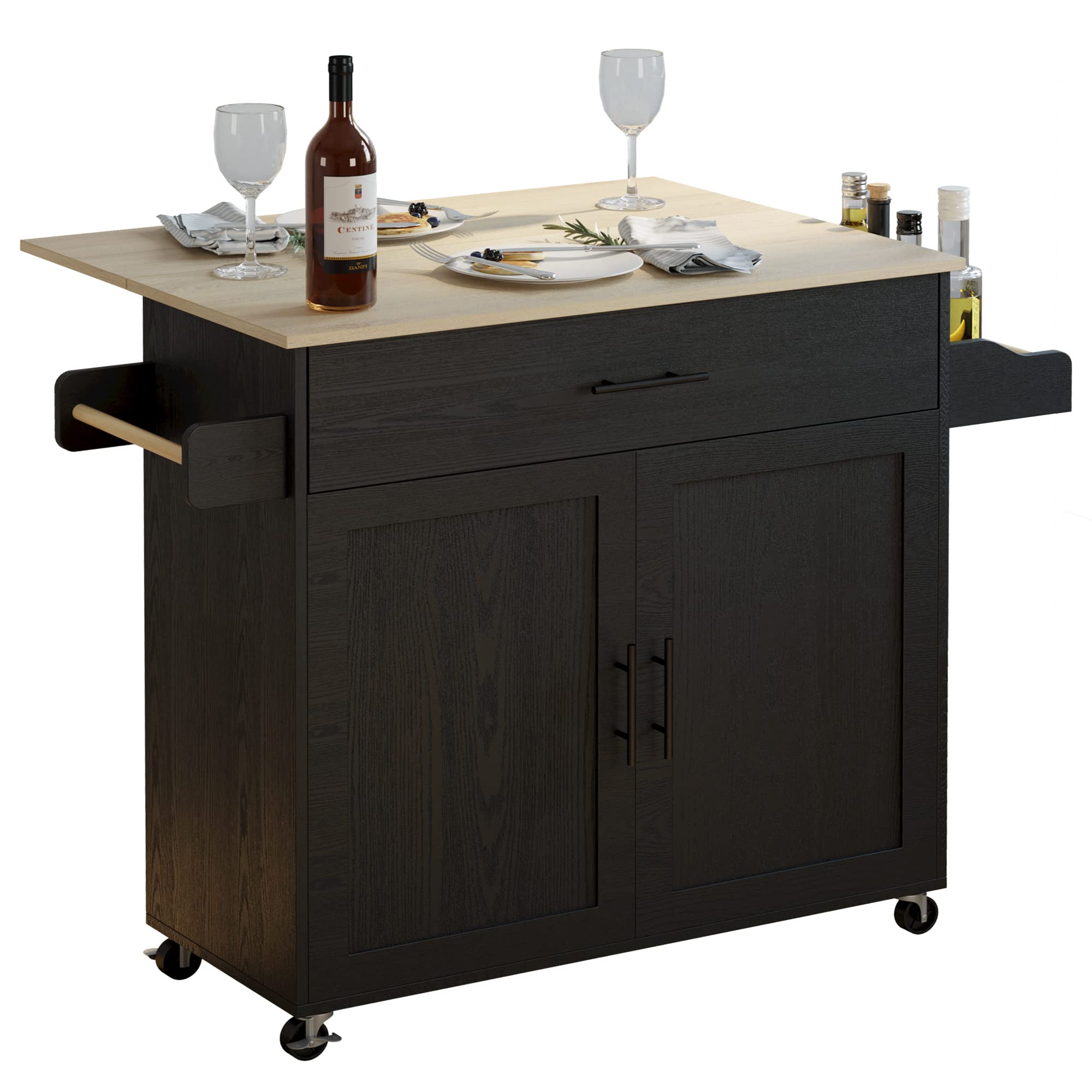 IRONCK Black Kitchen Island Cart with Storage - Rolling Mobile Kitchen Table with Drop Leaf, Cabinet, Drawer, Spice Rack & Towel Hooks - Perfect for Small Kitchens, Apartments & Food Prep Stations