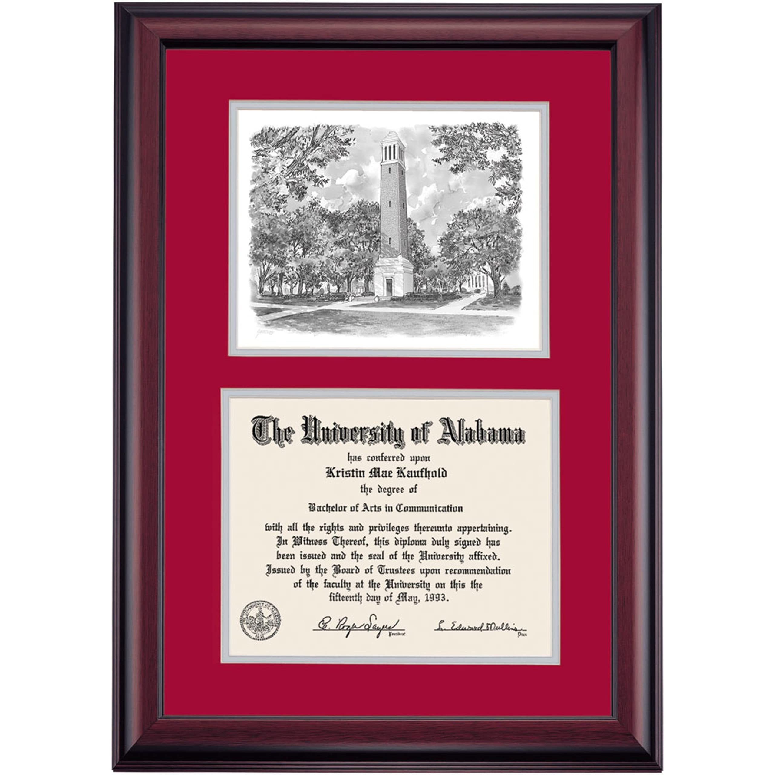 University of Alabama UA Crimson Tide Diploma Display Frame - 8.5x11 Inch with Crimson/Gray Mat & Denny Chimes Pen & Ink - Perfect Graduation Gift for Alumni & Students | Office Decor, Wall Display, Commencement Keepsake