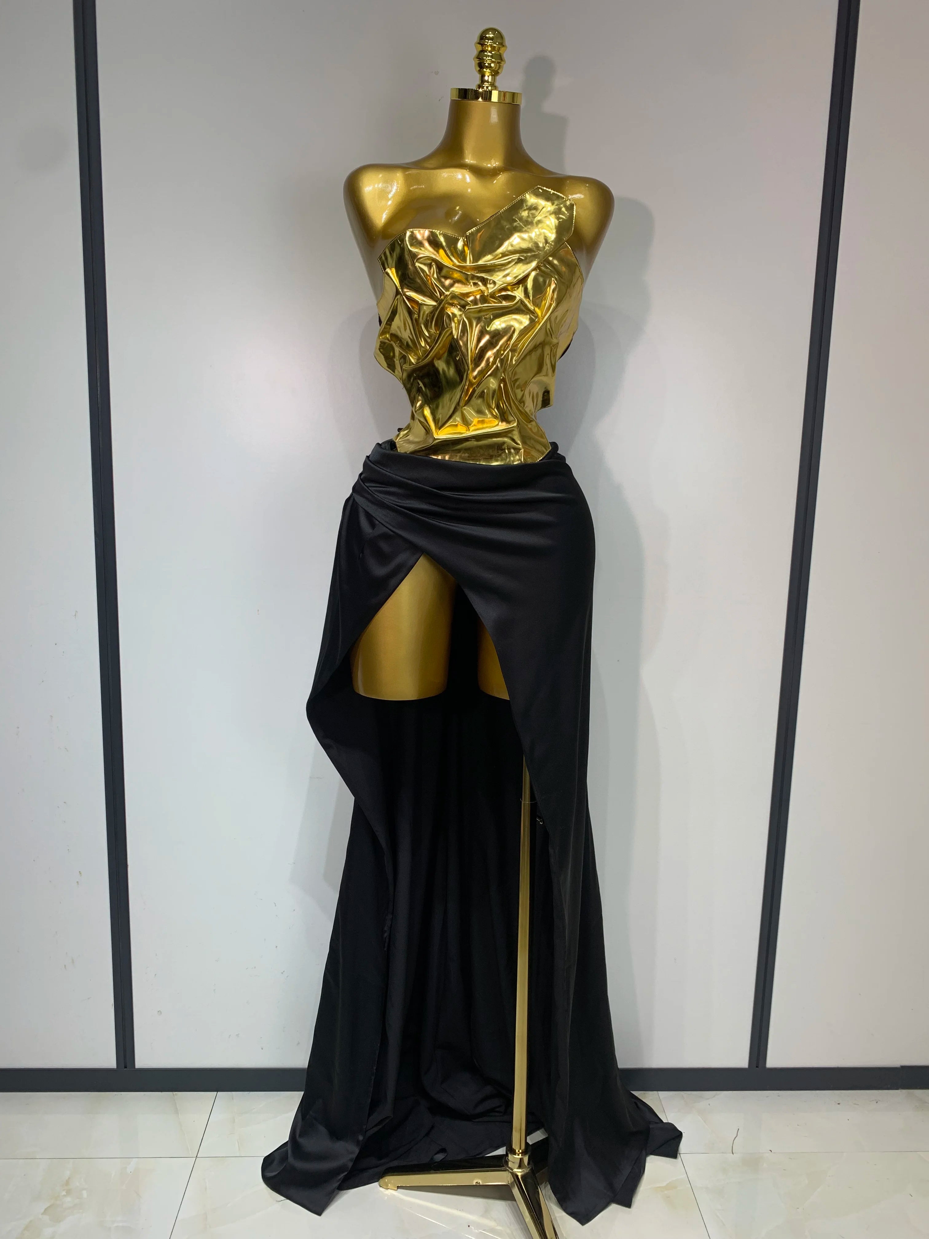 2025 New Women's Gold Lace-Up Long Dress 2-Piece Set - Elegant Sexy Evening Gown for Party, Prom, Celebrity Events & Special Occasions