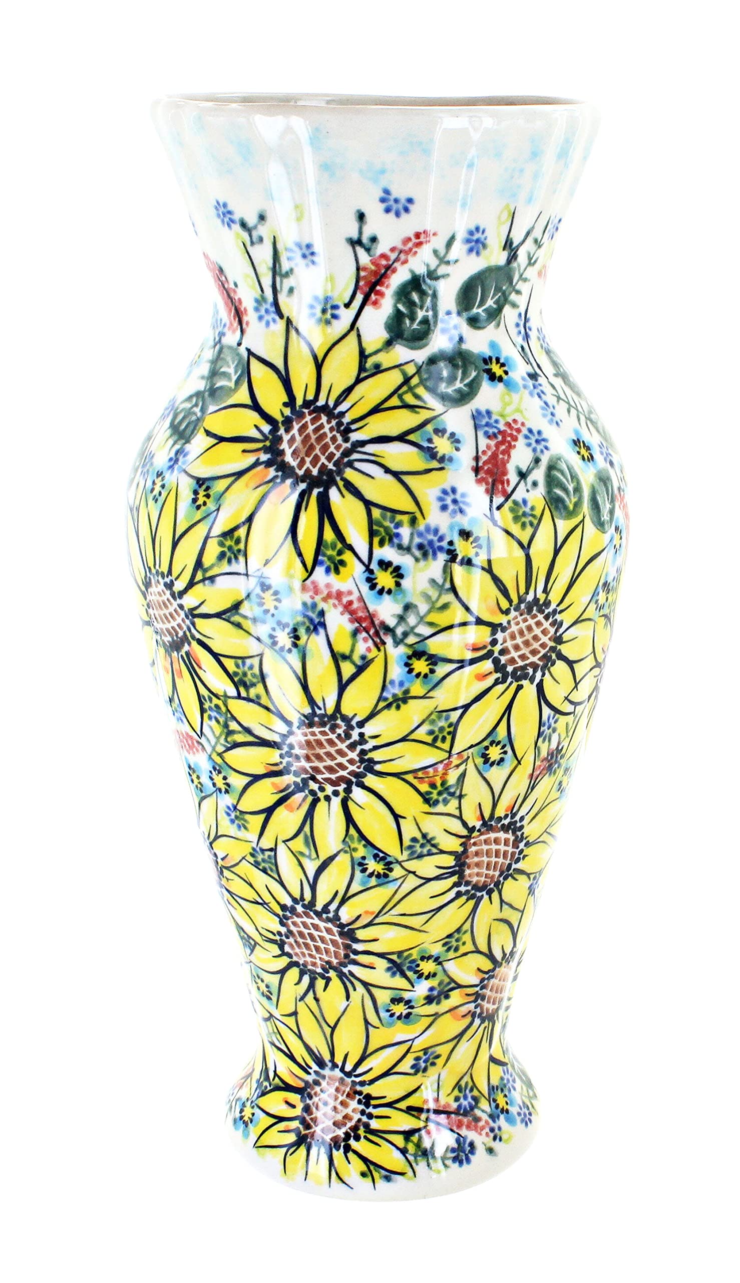 Blue Rose Polish Pottery Sunflower Maze Tall Vase - Handcrafted Ceramic Flower Vase for Home Decor, Wedding Centerpieces & Farmhouse Style Interiors