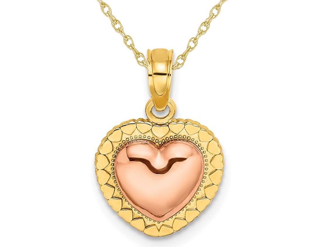 14K Yellow & Rose Gold Heart Charm Pendant Necklace with 18