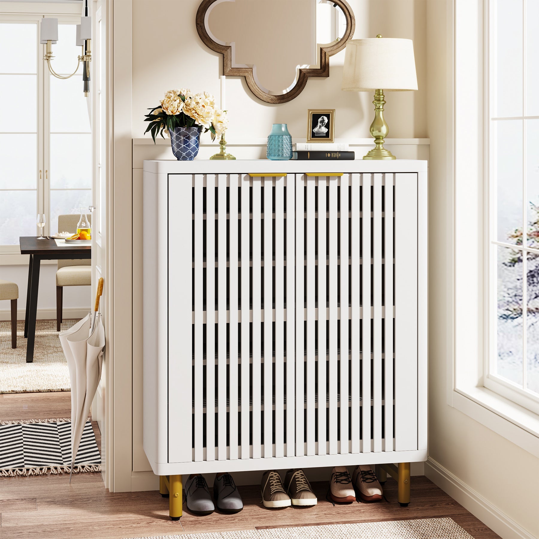 6 Tier Wooden Shoe Cabinet with Louvered Doors & Adjustable Shelves - Space Saving Entryway Storage Organizer for Shoes, Boots & Home Decor - Perfect for Hallway, Closet & Apartment Living