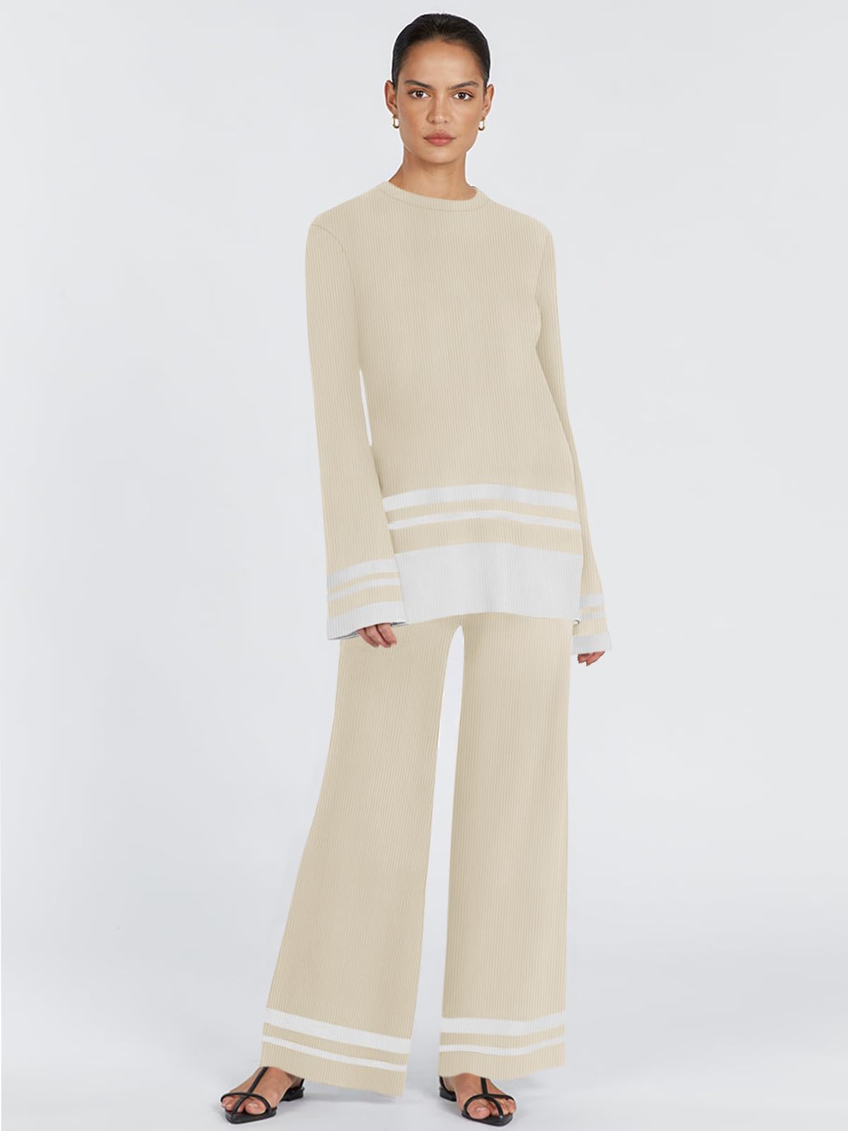 Yousify Women's 2-Piece Oversized Striped Sweater Set - Knit Lounge Matching Tracksuit Outfit 2024 | Cozy Winter Loungewear, Casual Streetwear & Home Comfort