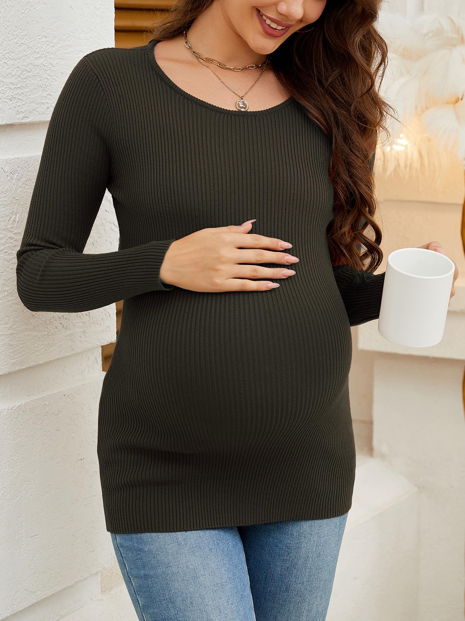 Comfortable Maternity Shirts - Ribbed Knit Long Sleeve Pregnancy Tops for Women | Soft Stretchy Nursing & Everyday Wear