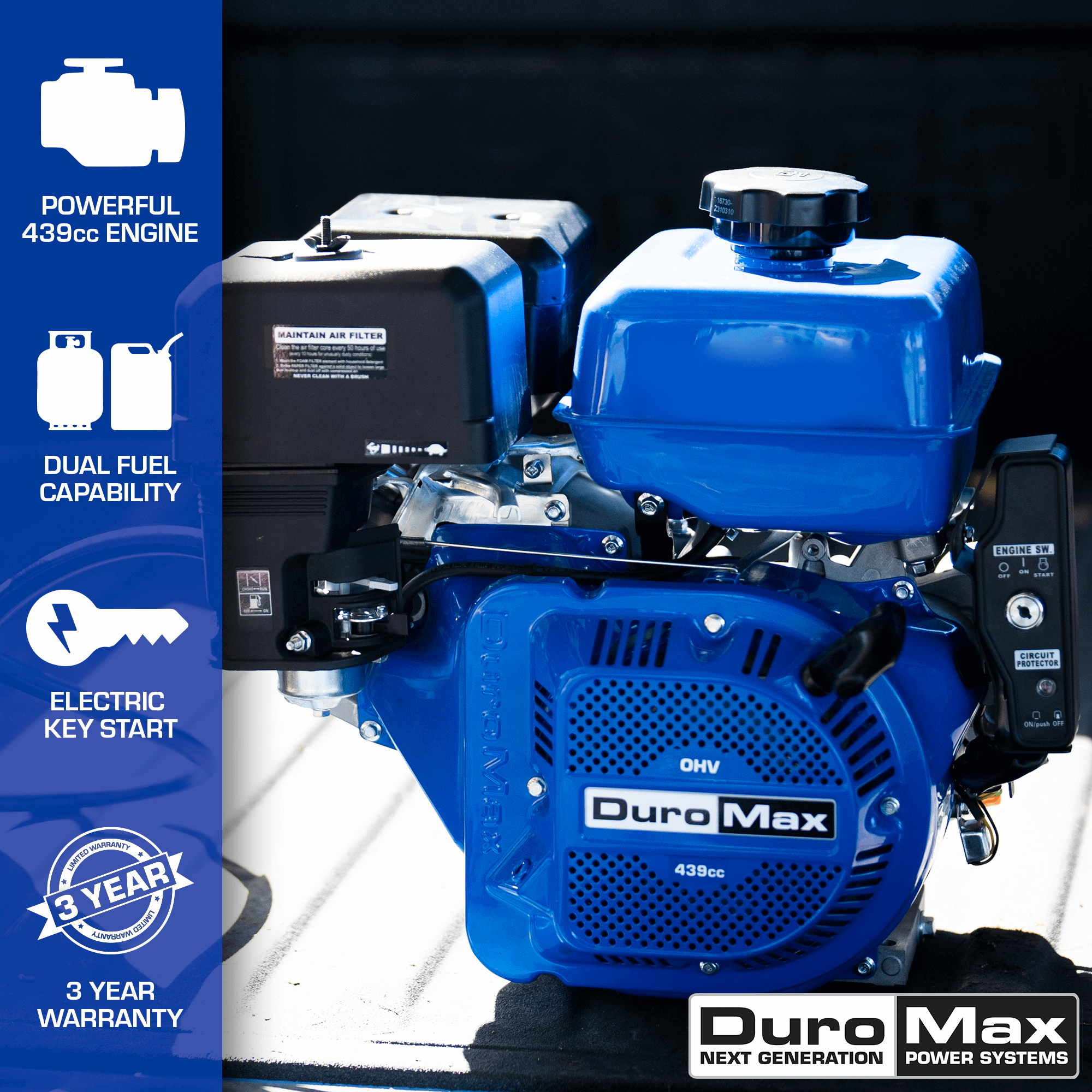 439cc Horizontal Dual Fuel Engine with Recoil & Electric Start - Perfect for Generators, Pressure Washers, and Small Machinery