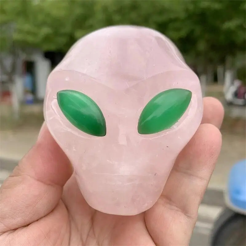 Hand Carved Natural Rose Quartz Crystal Alien Skull - Healing Reiki Stone, Halloween Decor, Unique Gift for Home & Office | Meditation, Feng Shui, Spiritual Decorations