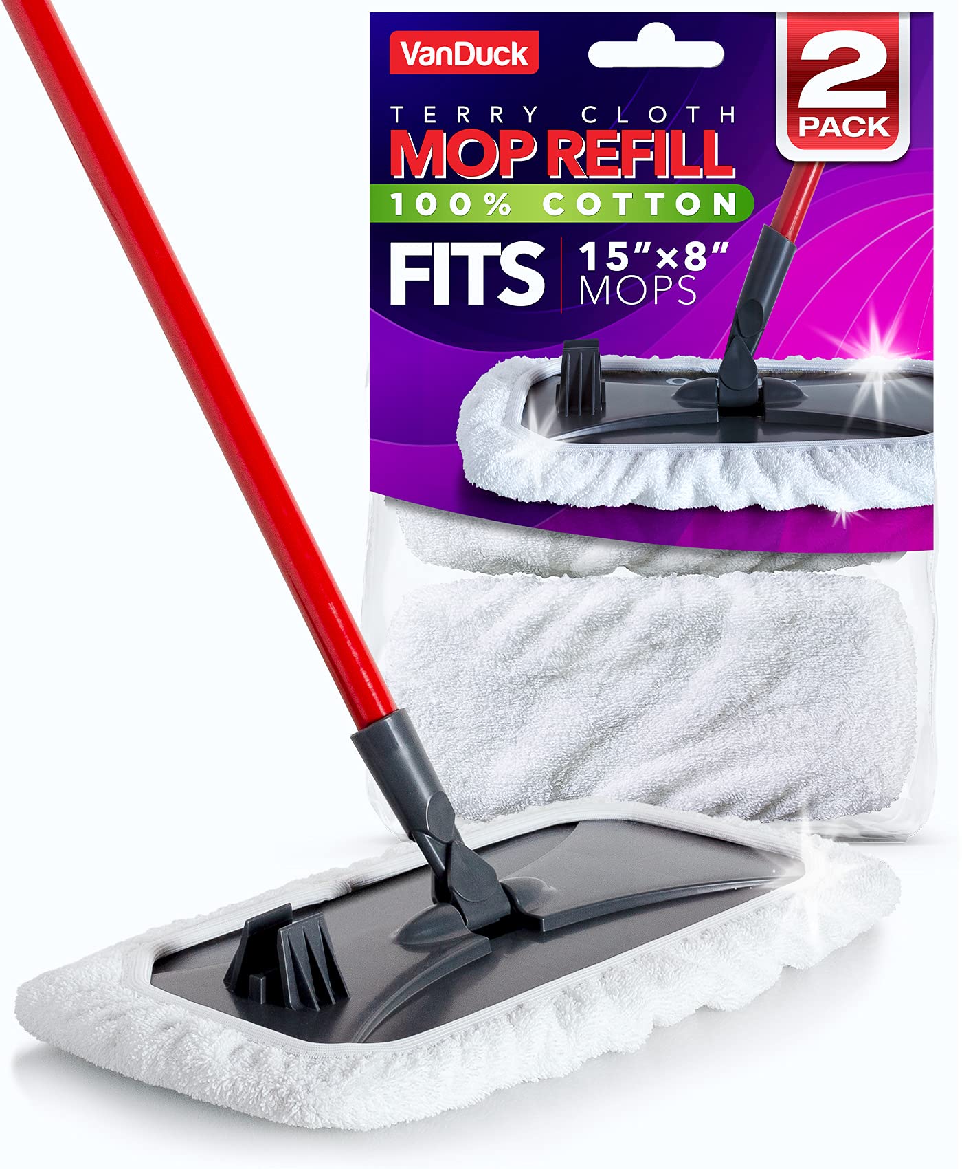 VanDuck 100% Cotton Terry Cloth Mop Refills - 15x8 Inches, 2 Pack (Mop Not Included) | Premium Absorbent Cleaning Pads for Floors, Windows & Household Surfaces
