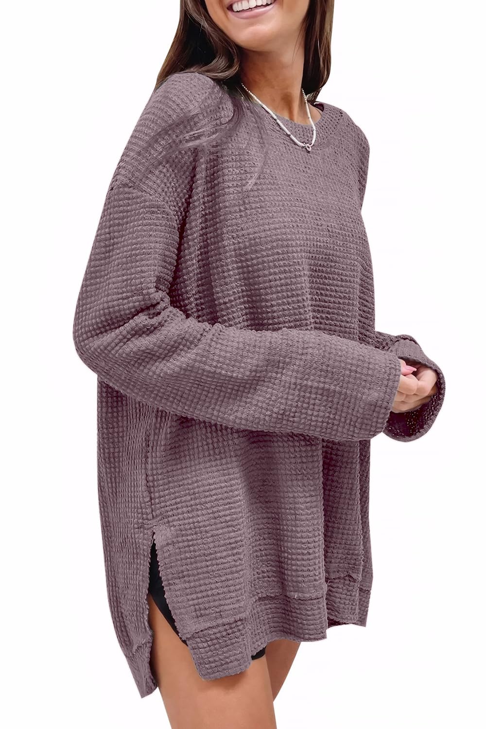 Women's Oversized Waffle Knit Pullover Sweater - Long Sleeve Crewneck Tunic Top for Fall 2024 Fashion | Cozy Casual Wear for Autumn Outings & Layering