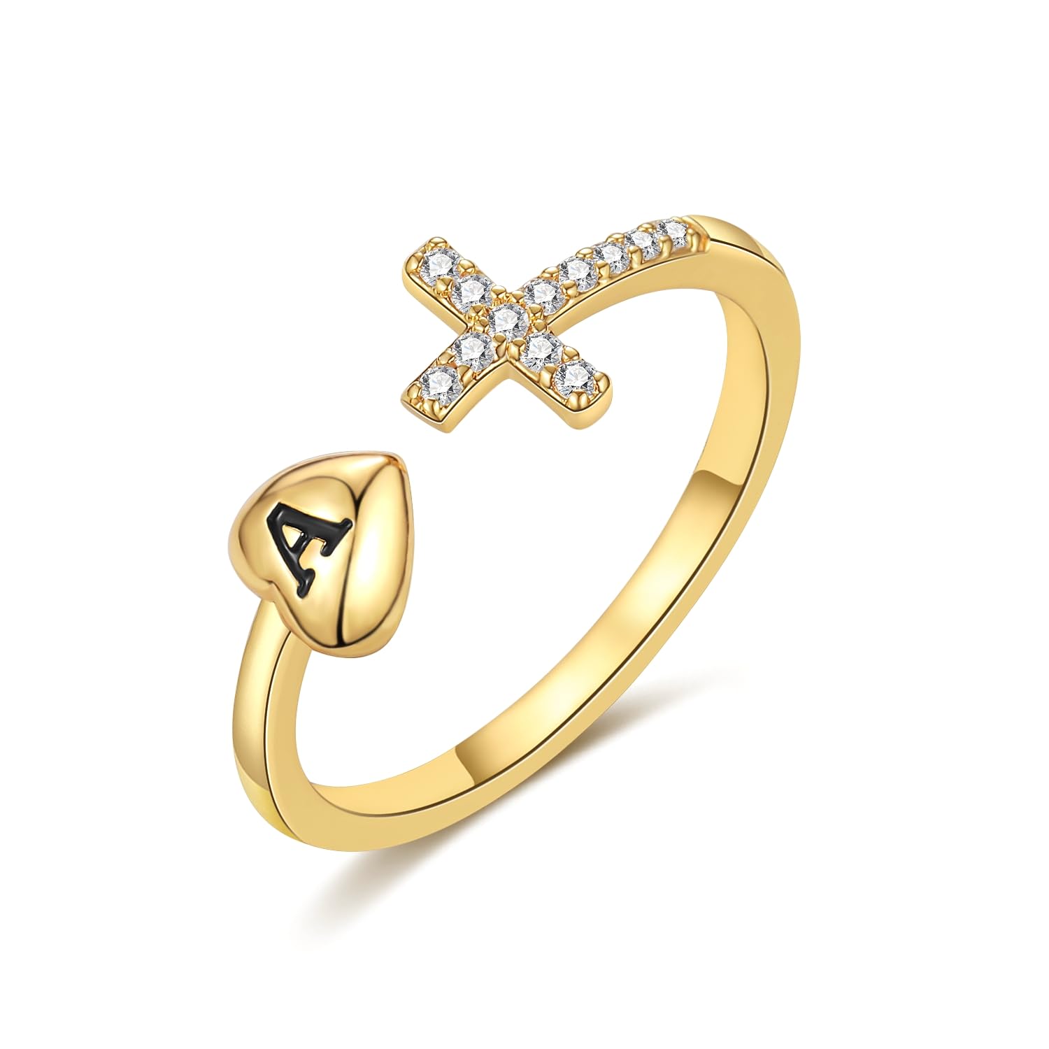 RLMOON 14K Gold/Silver Plated Heart Initial Ring with CZ Cross - Adjustable Dainty Letter Ring for Women & Teen Girls | Non-Tarnish Personalized Jewelry Gift for Valentine's Day, Anniversary & Birthday