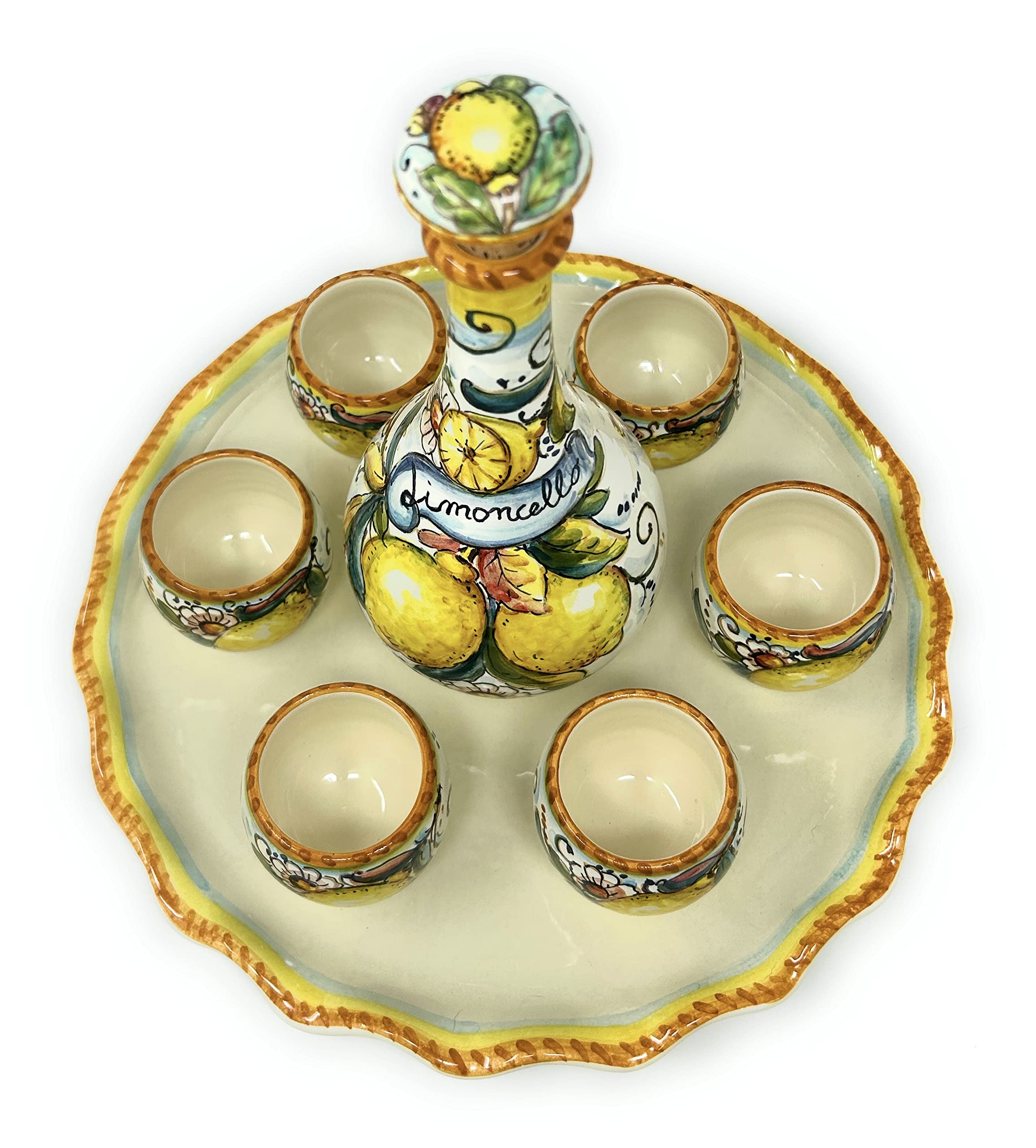 Italian Ceramic Pottery Set - Hand Painted Tuscan Limoncello Shot Glasses with Tray & Bottle (6 Cups) - Authentic Made in Italy Lemon Decor - Perfect for Home Bar, Gift Giving & Italian-Themed Parties