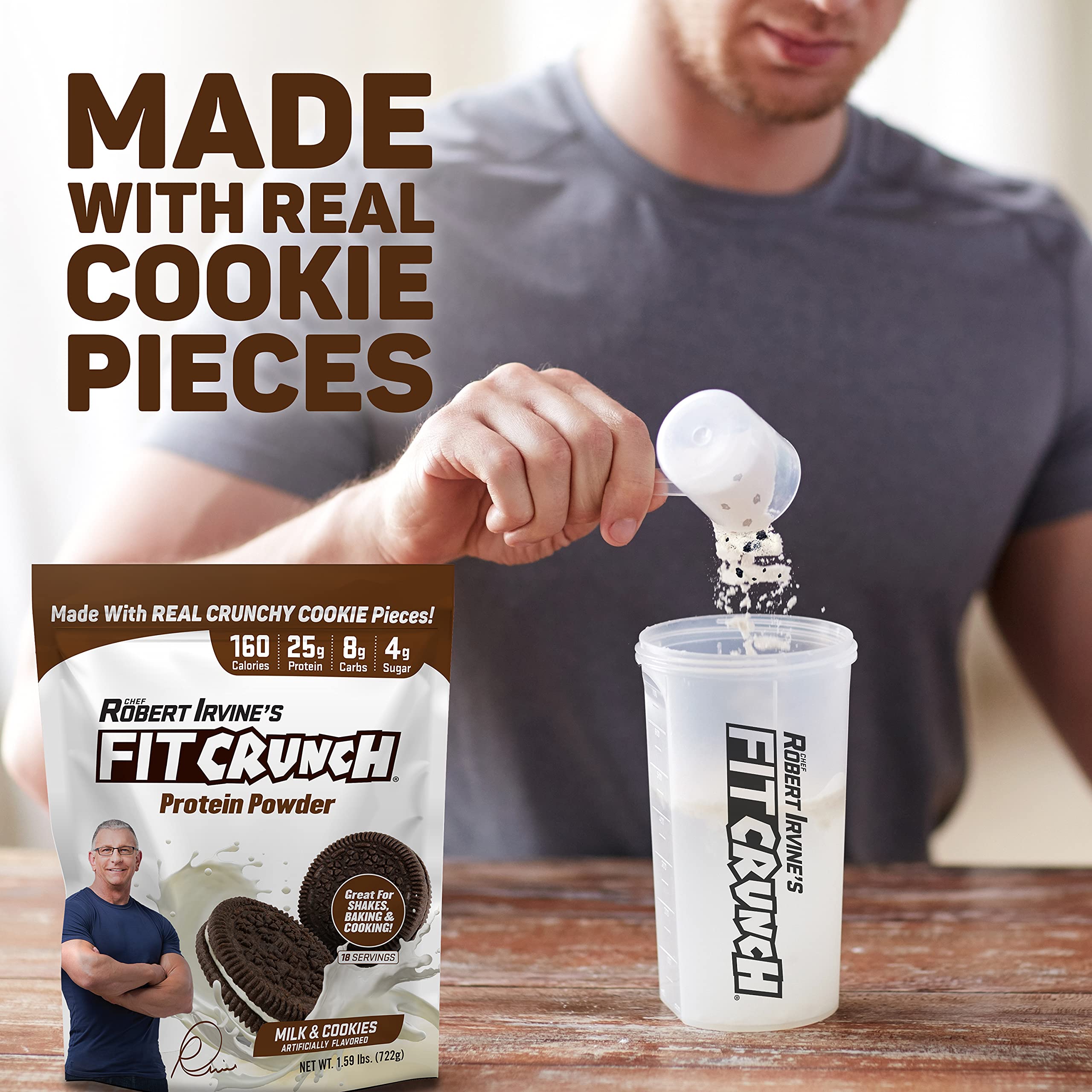 FITCRUNCH Tri-Blend Whey Protein Powder - Keto Friendly, Low Calorie, High Protein (18 Servings, Milk & Cookies Flavor) for Muscle Recovery & Weight Management - Perfect for Post-Workout Shakes, Smoothies & Healthy Snacks