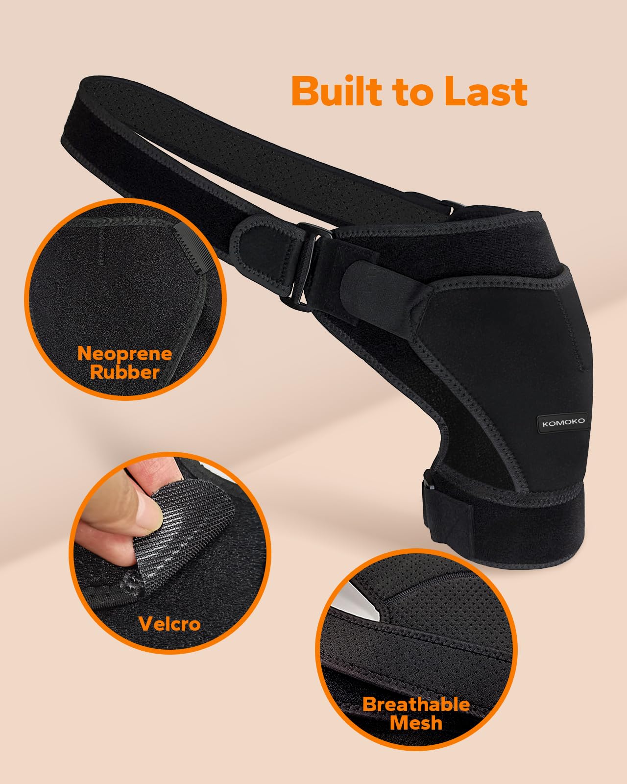 Komoko Shoulder Brace - Adjustable Rotator Cuff Support & Arm Sling for Pain Relief - Shoulder Compression Sleeve for Strains & Dislocation Prevention - Fits Left/Right Arm for Men & Women - Ideal for Sports Injuries, Post-Surgery Recovery & Daily Support