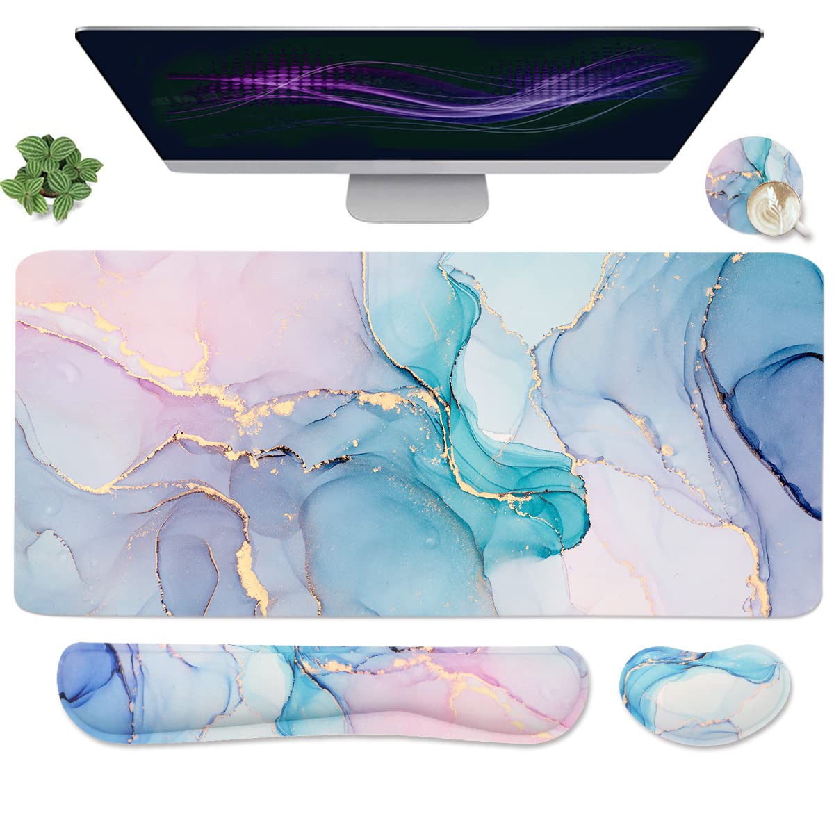 Ergonomic Large Mouse Pad with Keyboard Wrist Rest - 4-in-1 Extended Gaming Desk Mat for Computer, Office & Workstation - Non-Slip Blue Marble Design for Comfort & Pain Relief (Perfect for Gamers, Programmers & Office Workers)