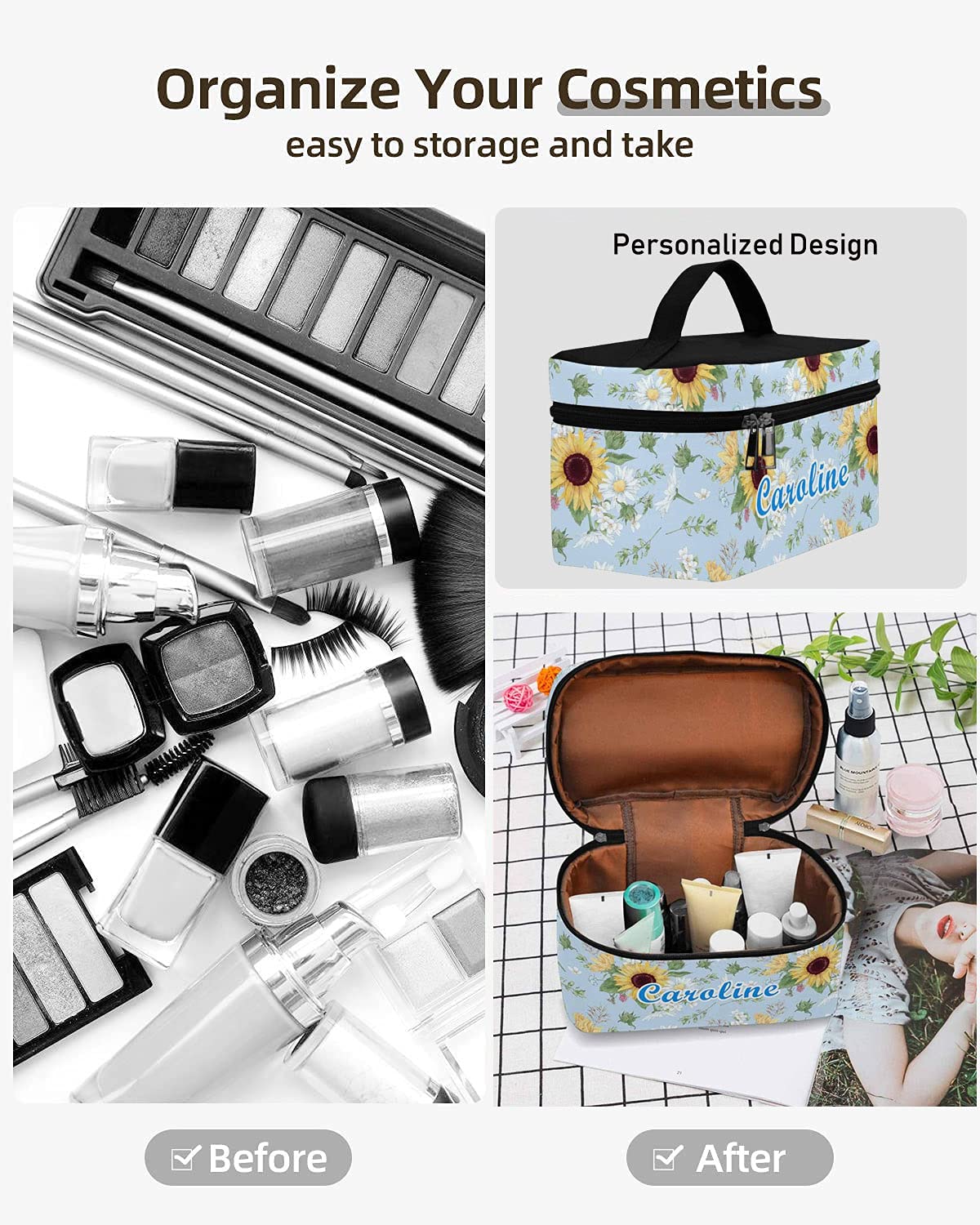 Personalized Waterproof Makeup Bag for Women Travel & Toiletry - Blue Sunflower Design