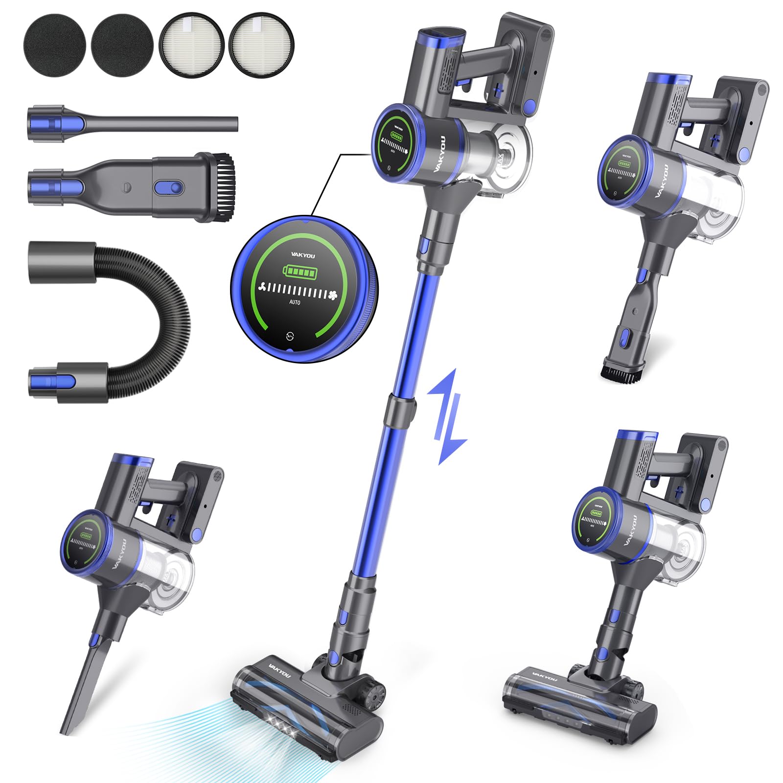 VAKYOU 33Kpa Cordless Stick Vacuum Cleaner with Brushless Motor - 450W Powerful Suction, LED Display, 7*2500mAh Battery for 55min Runtime - Lightweight Handheld Vacuum for Pet Hair, Hard Floors & Car Cleaning