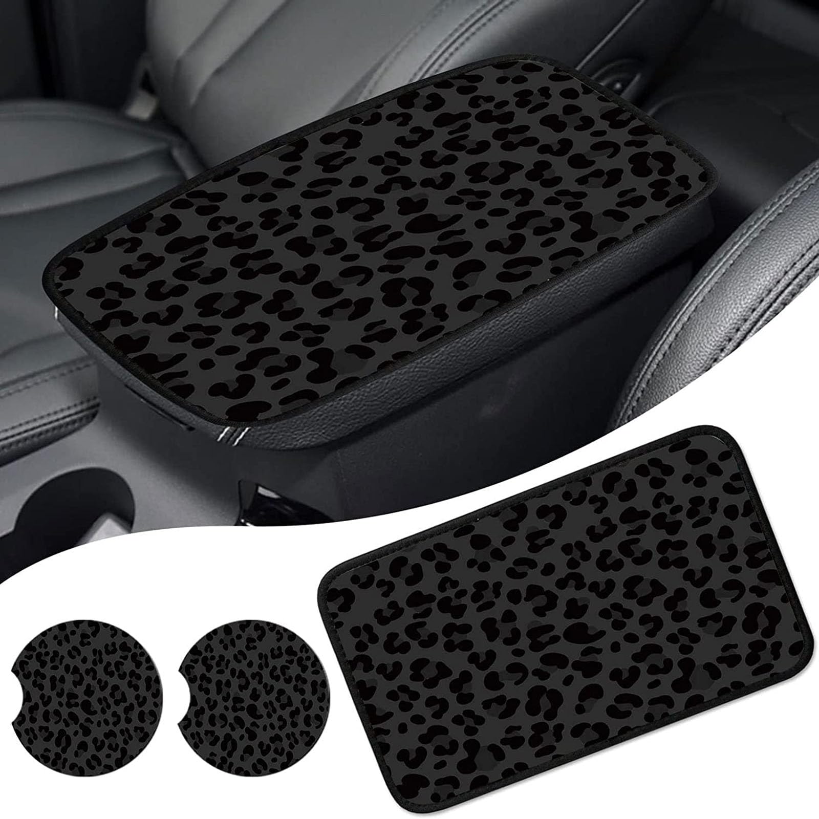 Universal Leopard Print Car Center Console Cover - Waterproof Armrest Protector for Cars, Black Green Cheetah Animal Design - Perfect for SUVs, Sedans & Trucks + Includes 2 Free Car Coasters (Great for Road Trips & Daily Commutes)