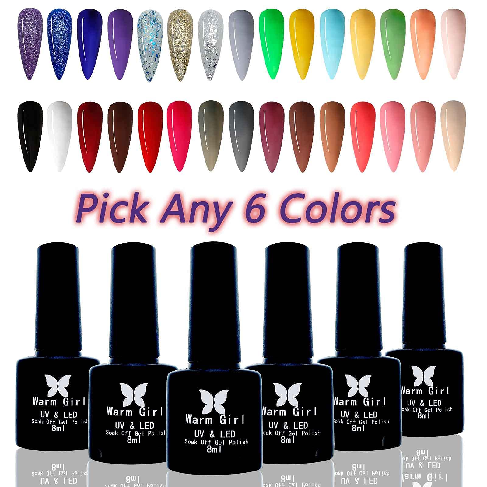 6pcs Soak Off Gel Nail Polish Set - Long Lasting UV/LED Nail Gel Starter Kit with 6 Colors (Choose Any 6 Bottles) for Salon & Home Manicure | Perfect Gift for Women & Girls